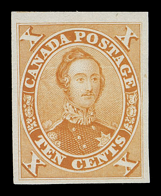 SIX PENCE AND TEN CENTS  16TCii + variety,Trial colour plate proof in orange yellow on india, showing Major Re-entry (Position 51) with faint marks in "N CEN" of "TEN CENTS", doubling line below shading of the lower right "X"; minute natural paper inclusion, VF

Provenance: The Lindemann Collection (private treaty, circa 1997)