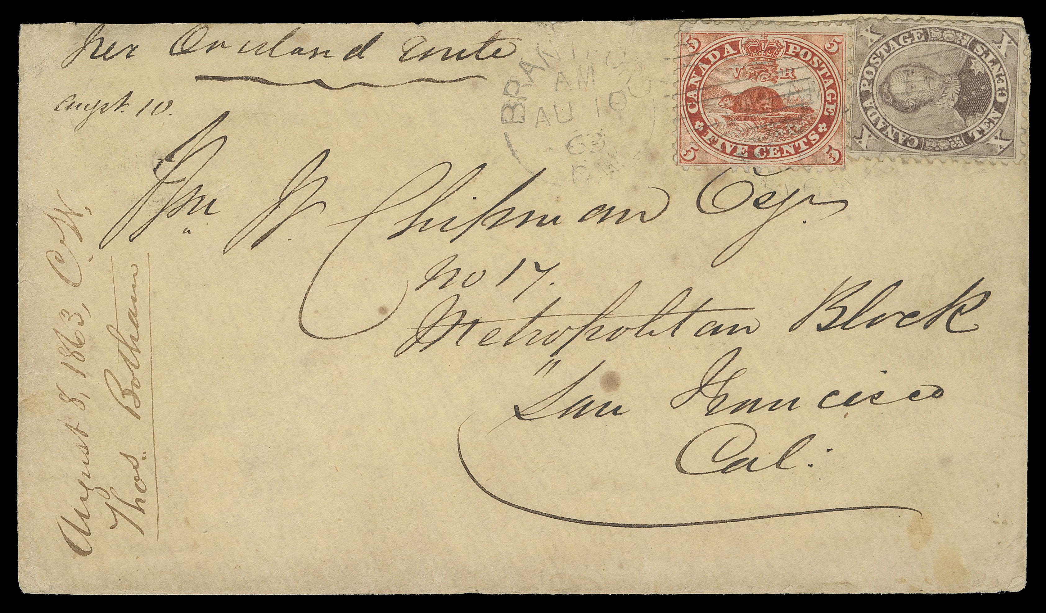 SIX PENCE AND TEN CENTS  1863 (August 10) Yellow cover endorsed "Per Overland Route" from Brantford, C.W. to San Francisco, California, franked with single 5c vermilion and 10c dull red brown, perf 12x11¾, tied by Brantford duplex, trivial perf flaws due to placement near edge of envelope, missing backflap and slight ageing. A very scarce 15 cent rate to California in effect between July 1, 1859 and June 30, 1864, Fine (Unitrade 15, 17b)

Provenance: Charles deVolpi, Sissons Sale 239, October 1965; Lot 92
Charles Firby Gold Medal Collection, Canada Pence & Cents covers, Harmers of New York, October 4, 1982; Lot 82
Warren Wilkinson, H.R. Harmer, Inc., New York, December 1997; Lot 648

Literature: Illustrated in Arfken & Leggett "Canada