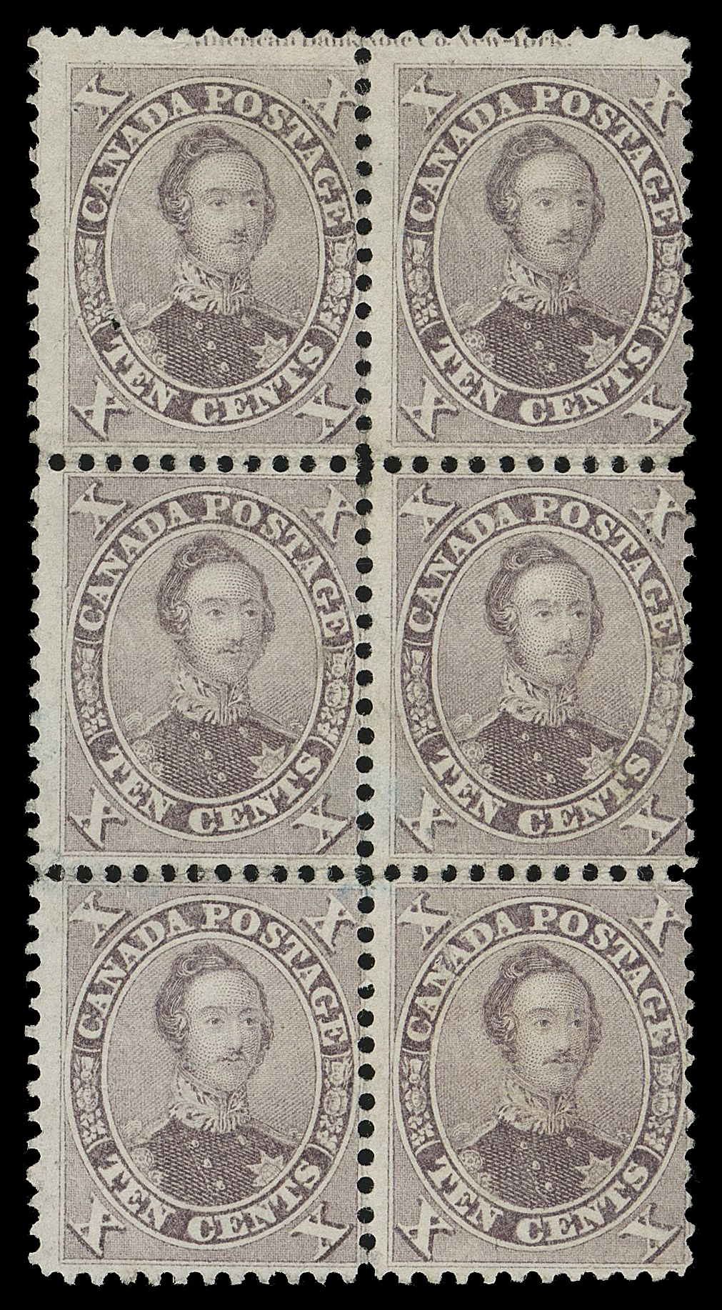 SIX PENCE AND TEN CENTS  17, 17iv,An unused block of six (2x3) showing ABNC imprint captured in margin at top; minor flaws include pinholes, a diagonal crease on lower pair and slight soiling, still a very rare plate imprint multiple of Fine appearance.

The "String of Pearls" (Position 3, top right) plate variety is subtle and hard to see on this bright shade. Shows supporting constant positional dot in frame above upper left "X" and shows ABNC imprint running across margin at top.

Provenance: Fred Jarrett Canada 1859-1864, Sissons Sale 169, December 1959; Lot 287
Stanley Cohen, Cavendish Auctions, October 1986; Lot 81
The "Carrington" Collection of Canada 1851-1864, Matthew Bennett Auctions, June 2002; Lot 3354

Other comparable unused multiples larger than a block of four, are a mint horizontal strip of five and a plate imprint block of eight. Remarkably enough, both multiples were part of the Brigham collection and were sold in Part I and Part II respectively.