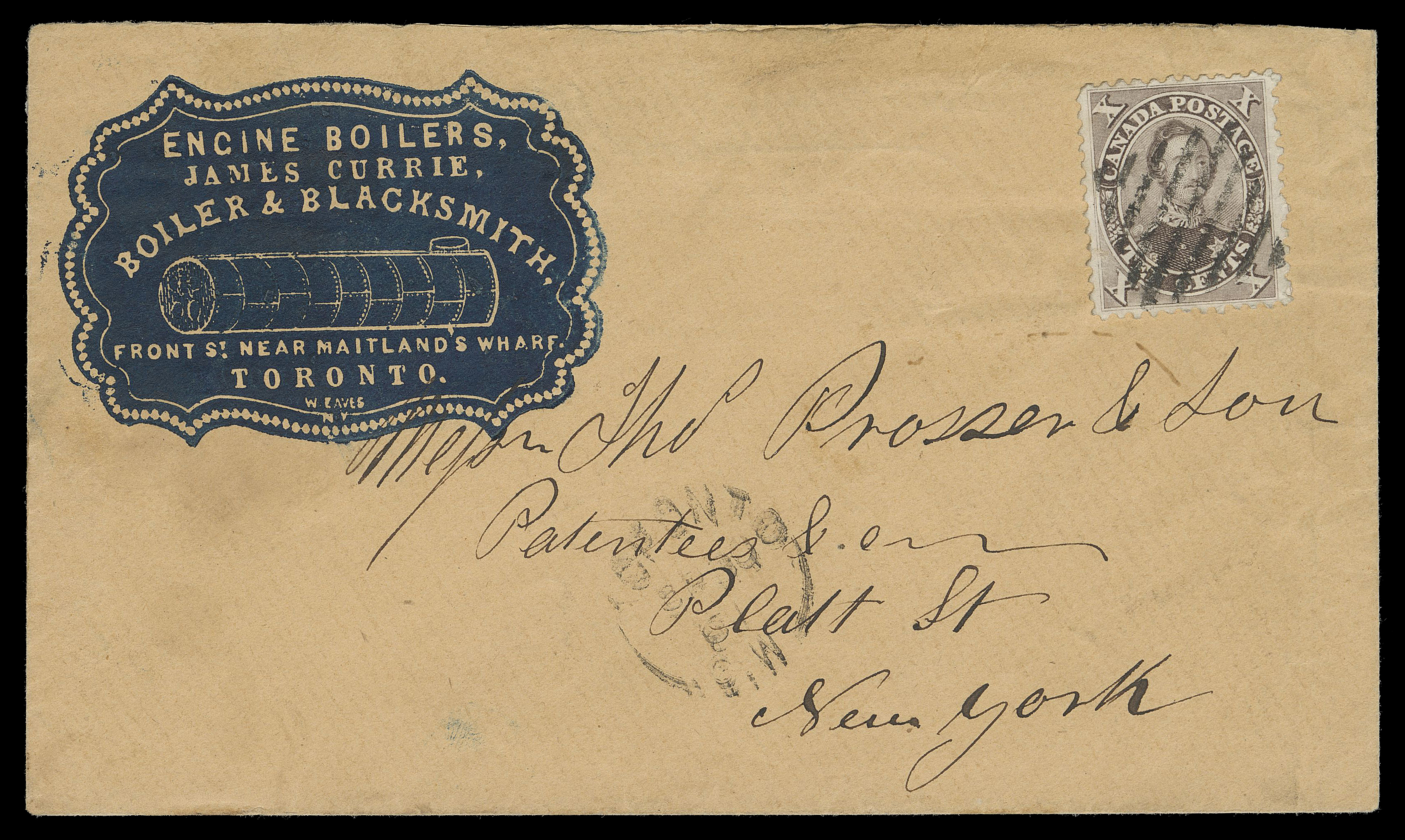 SIX PENCE AND TEN CENTS  1861 (September 30) Engine Boilers, James Currie, Boiler & Blacksmith, Toronto, dark blue cameo embossed advert on manila envelope, franked with a well centered 10c brownish sepia (PO 6A) perf 11¾, cancelled by diamond grid cancel, Toronto split ring dispatch at foot, addressed to New York; some paper adhered on backflap, no backstamp as customary for mail to the US, VF (Unitrade 17b early printing)
