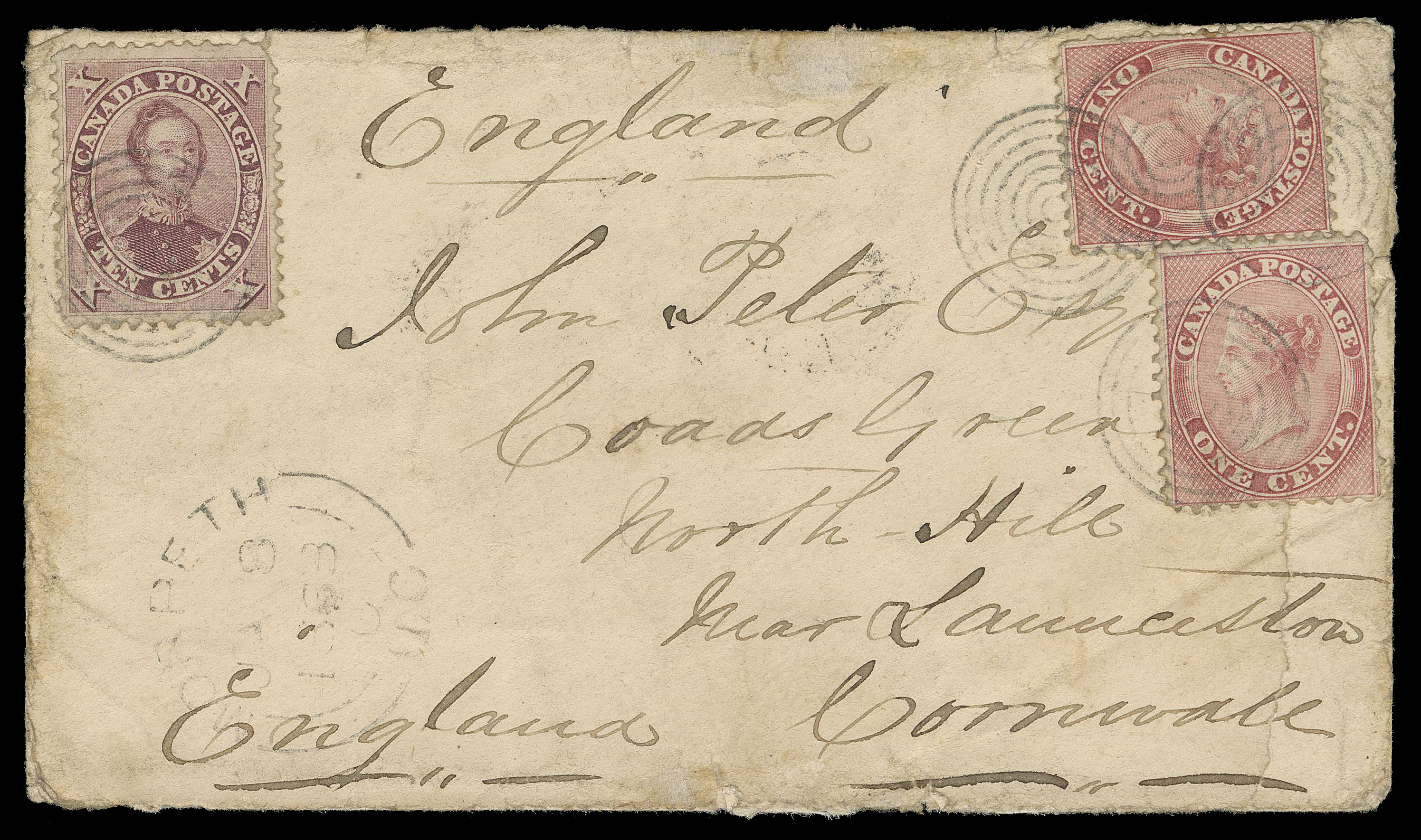 SIX PENCE AND TEN CENTS  1868 (January 8) Cover bearing an alternative franking to make up the 12½ cent rate via Allan Line to the United Kingdom, with a 10c brown purple and two 1c rose, stamps with small flaws, neatly tied by concentric rings to faulty cover with ageing, light Morpeth double arc dispatch datestamp; perhaps the needed ½ cent was paid in cash. On reverse Montreal JA 10 transit and neat Launceston JA 25 68 CDS on arrival. Despite the imperfections, a very scarce cover with great character and Fine appearance; unlisted in the Arfken & Leggett handbook which tabulates Firby