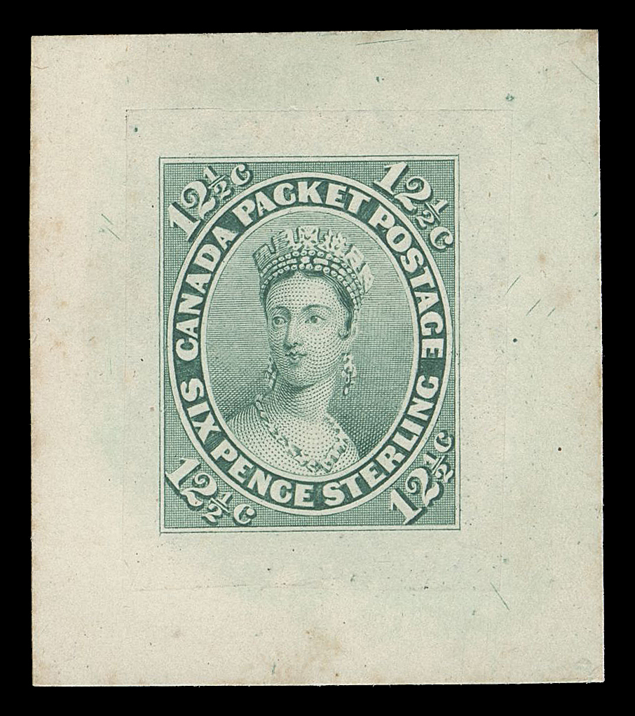SEVEN AND ONE HALF PENCE AND TWELVE AND ONE HALF CENTS  18,"Goodall" Die Proof, engraved, printed in bluish green on india paper 23 x 29mm die sunk on card 34 x 39mm, a beautiful proof in choice condition. Of the five known colours attributed to "Goodalls" this is the closest to the issued stamp, VF (Minuse & Pratt 18TC2g)

Provenance: The "Lindemann" Collection (private treaty, circa. 1997)