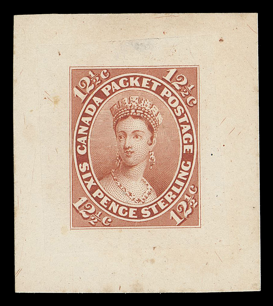 SEVEN AND ONE HALF PENCE AND TWELVE AND ONE HALF CENTS  18,"Goodall" Die Proof, engraved, printed in brownish red on india paper 25 x 29mm, die sunk on card 34 x 39mm; a most appealing and very rare coloured die proof, VF (Minuse & Pratt 18TC2g)

Provenance: The "Lindemann" Collection (private treaty, circa. 1997)