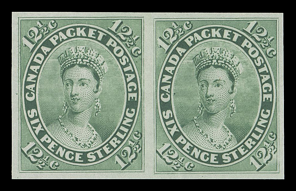 SEVEN AND ONE HALF PENCE AND TWELVE AND ONE HALF CENTS  18P shade,Plate proof pair in issued colour on india paper - distinctive from the usual blue green and darker yellow green shades usually seen, VF