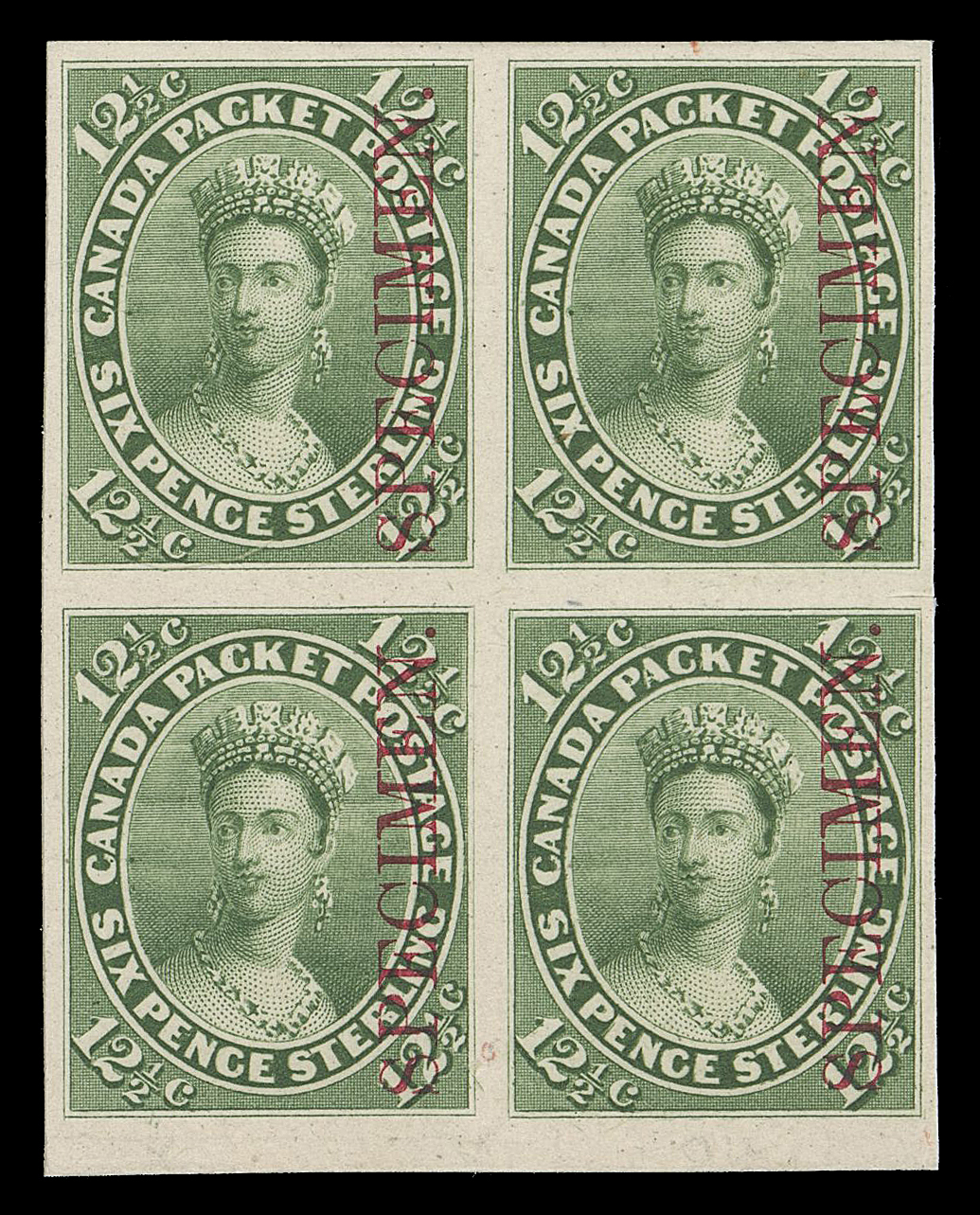 SEVEN AND ONE HALF PENCE AND TWELVE AND ONE HALF CENTS  18Pi + variety,An appealing plate proof block on card mounted india paper, vertical SPECIMEN overprint in carmine, part sheet margin at foot,  tiny scissor cut entirely confined to margin at right pair, shows the Major Re-entry (Position 94) on lower right proof with characteristic doubling in first "E" of "PENCE" and very noticeable in and around "TAGE" of "POSTAGE"; the best known and most prominent plate variety found on this denomination, VF (Unitrade cat. as normal proofs)

Provenance: The "Lindemann" Collection (private treaty, circa. 1997)