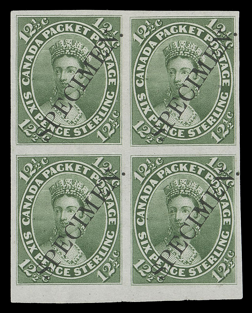 SEVEN AND ONE HALF PENCE AND TWELVE AND ONE HALF CENTS  18Piii,A most elusive plate proof block on india paper with diagonal SPECIMEN overprints in black, sheet margin at foot. A superb block - certainly one of the largest surviving multiples with the diagonal specimen, XF

Provenance: The "Lindemann" Collection (private treaty, circa. 1997)

