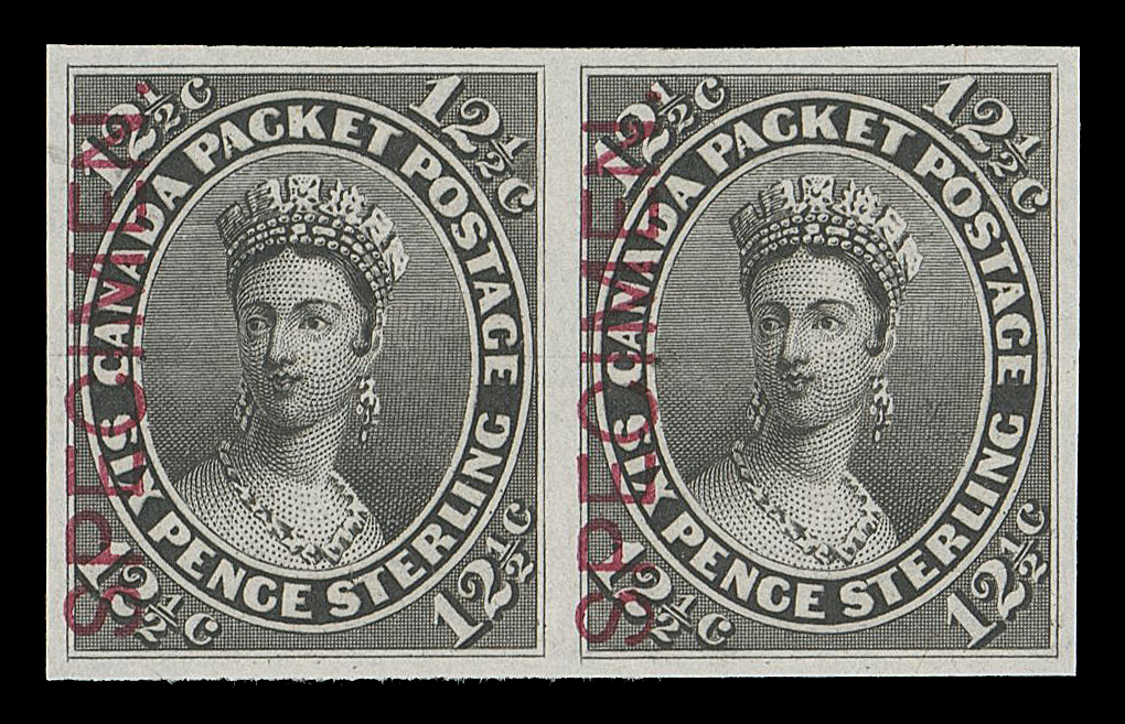SEVEN AND ONE HALF PENCE AND TWELVE AND ONE HALF CENTS  18TCv,An elusive trial colour plate proof pair, printed in black on india paper with vertical SPECIMEN (Type A) overprint in carmine, large even margins all around, originating from the sole sheet printed in black of which only five columns (50 proofs) received the Type A overprint; very scarce as a pair, VF+

Provenance: The "Lindemann" Collection (private treaty, circa. 1997)