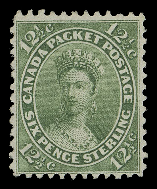 SEVEN AND ONE HALF PENCE AND TWELVE AND ONE HALF CENTS  18iii,A well centered unused example of this difficult stamp displaying amazing colour on distinctive thick white wove paper (0.004" thick); small ink mark on reverse. A beautiful stamp on this elusive paper type, VF

Expertization: clear 1992 Greene Foundation certificate "Scott No. 18, unused variety on thick paper, genuine in all respects."

Provenance: The "Lindemann" Collection (private treaty, circa. 1997)