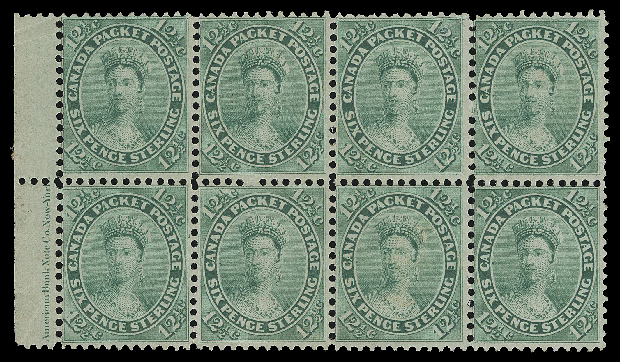 SEVEN AND ONE HALF PENCE AND TWELVE AND ONE HALF CENTS  18a, vii,The spectacular mint block of eight (Positions 61-64 / 71-74), likely THE LARGEST SURVIVING MINT MULTIPLE OF THE TWELVE AND ONE HALF CENT, excellent bright colour on fresh paper and showing complete ABNC imprint in the left margin; diagonal crease on left pair ending in a tiny tear at upper left, small tear on positions 63 and 72. The block features two of the three listed plate varieties - Major Re-entries at Positions 61 and 62 (top left pair). Well centered for the issue with superb colour and impression, intact perforations and showing large part to full original gum, mainly lightly hinged. An extraordinary mint block - the largest we were able to find during our extensive research, VF OG (Unitrade cat. $37,500)

Provenance: Guilford Collection, Siegel Auctions, September 1994; Lot 2188
The "Lindemann" Collection (private treaty, circa. 1997)