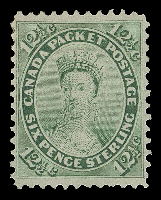 SEVEN AND ONE HALF PENCE AND TWELVE AND ONE HALF CENTS  18iv,An outstanding mint single in a lovely bright shade on fresh paper, showing the sought-after Major Re-entry (Position 94) with noticeable doubling in first "E" of "PENCE", in and around "TAGE" of "POSTAGE", etc. Superb centering within remarkably large margins and possessing large part OG. Without a doubt one of the very finest mint examples extant - very few can exist showing this major plate variety - the best known and most prominent on this stamp, VF+ OG

Provenance: The "Lindemann" Collection (private treaty, circa. 1997)