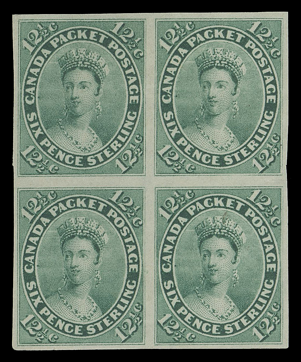 SEVEN AND ONE HALF PENCE AND TWELVE AND ONE HALF CENTS  18b,A very scarce, choice mint block with the characteristic colour and impression associated with the imperforates on wove paper; small scissor cuts at both ends entirely confined to margin between horizontal pairs. Large margins all around unlike many of the known multiples, ungummed as normally encountered; an attractive block, VF

Expertization: 1987 Greene Foundation certificate (identified as old CS number 16)

Provenance: General Robert Gill, Robson Lowe Ltd, October 1965; Lot 69
Art Leggett Cents Issue Exhibit Collection (private sale)
The "Lindemann" Collection (private treaty, circa. 1997)