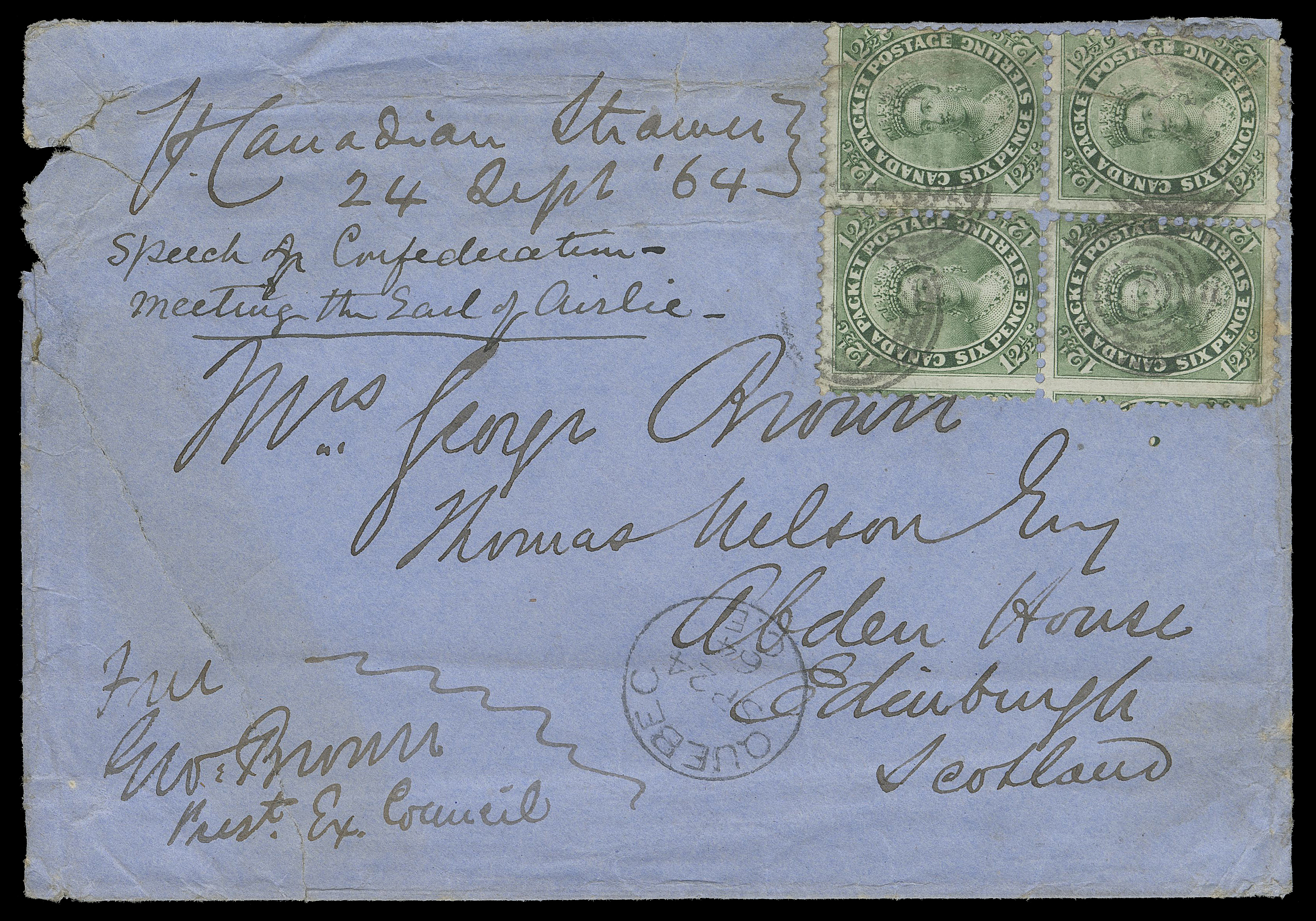 SEVEN AND ONE HALF PENCE AND TWELVE AND ONE HALF CENTS  1864 (September 24) Blue envelope with red cameo embossed Executive Council "Crown" Canada seal on backflap, various faults and wrinkling to cover and franking due to heavy content, pays a quadruple Allan Line - Canadian Packet letter rate to United Kingdom with a block of 12½c green, perf 12x11¾ tied by concentric rings, clear Quebec SP 24 64 CDS, endorsed "P. Canadian Steamer 24 Sept 