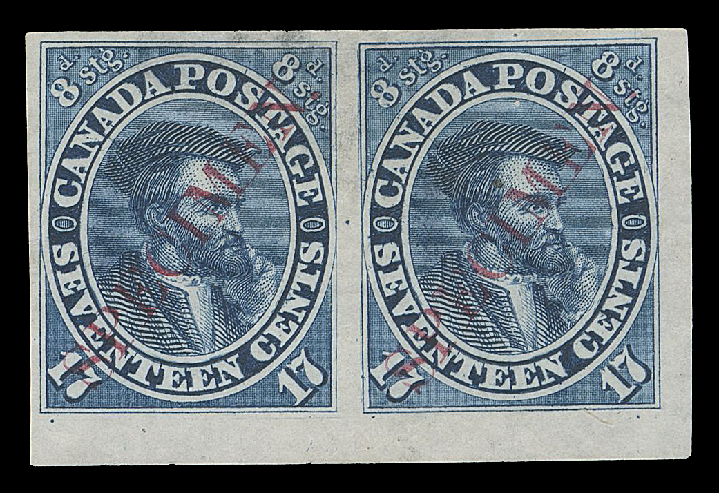 TEN PENCE AND SEVENTEEN CENTS  19Pii + variety,A plate proof pair from lower right  margin in issued colour on india paper with diagonal SPECIMEN overprint in carmine, right proof shows the Major Re-entry (Position 100) with noticeable doubling of left frameline, in oval next to "AGE" and "ENTS" of "POSTAGE" and "CENTS" respectively; india thinning from previous mounting, VF appearance; a rare combination of the diagonal specimen and the well-documented plate variety. (Unitrade cat. $1,300 as normal proofs)