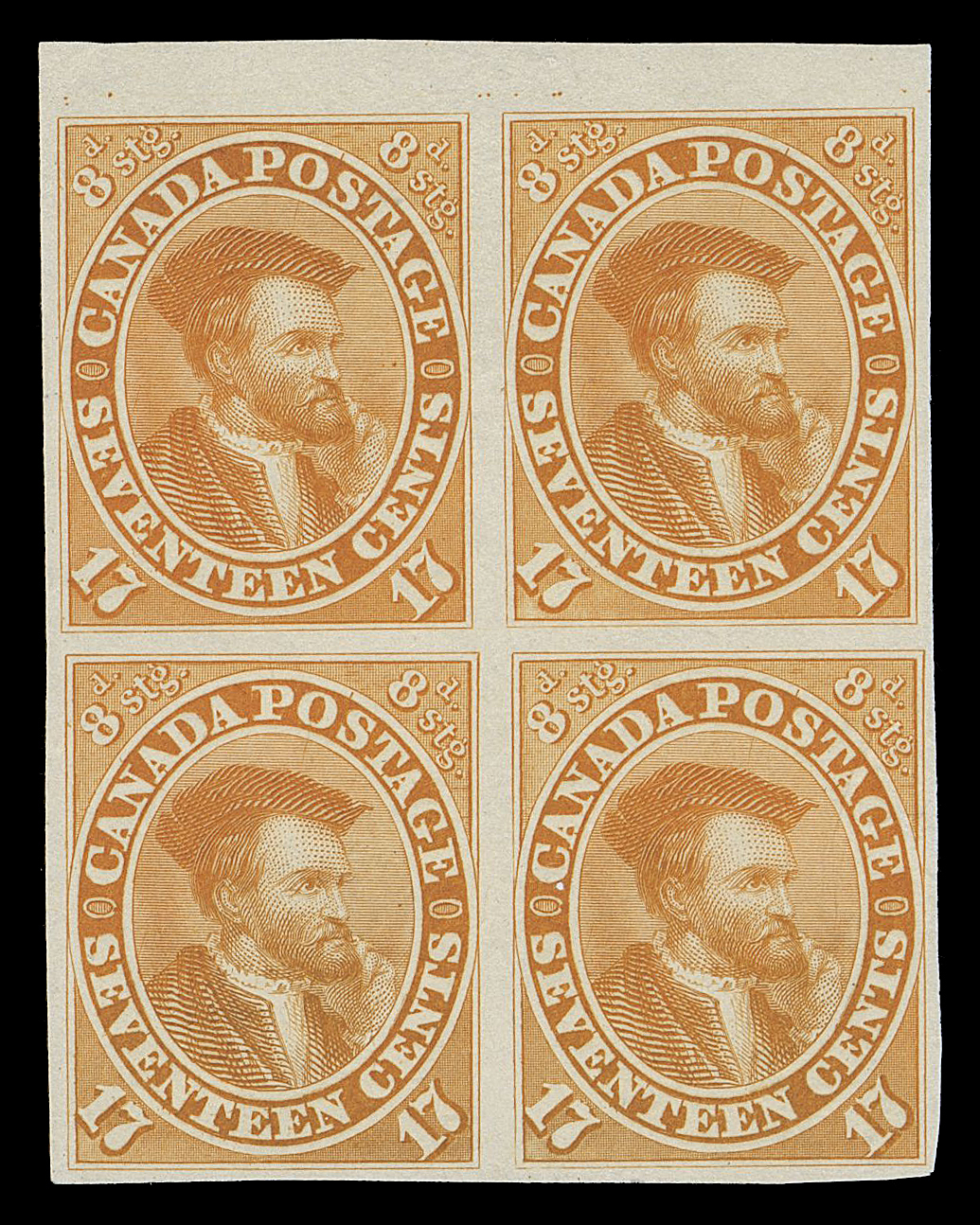 TEN PENCE AND SEVENTEEN CENTS  19TCii,Trial colour plate proof block in orange yellow on india, sheet  margin at top, ample to large margins on other sides. A lovely  block, VF