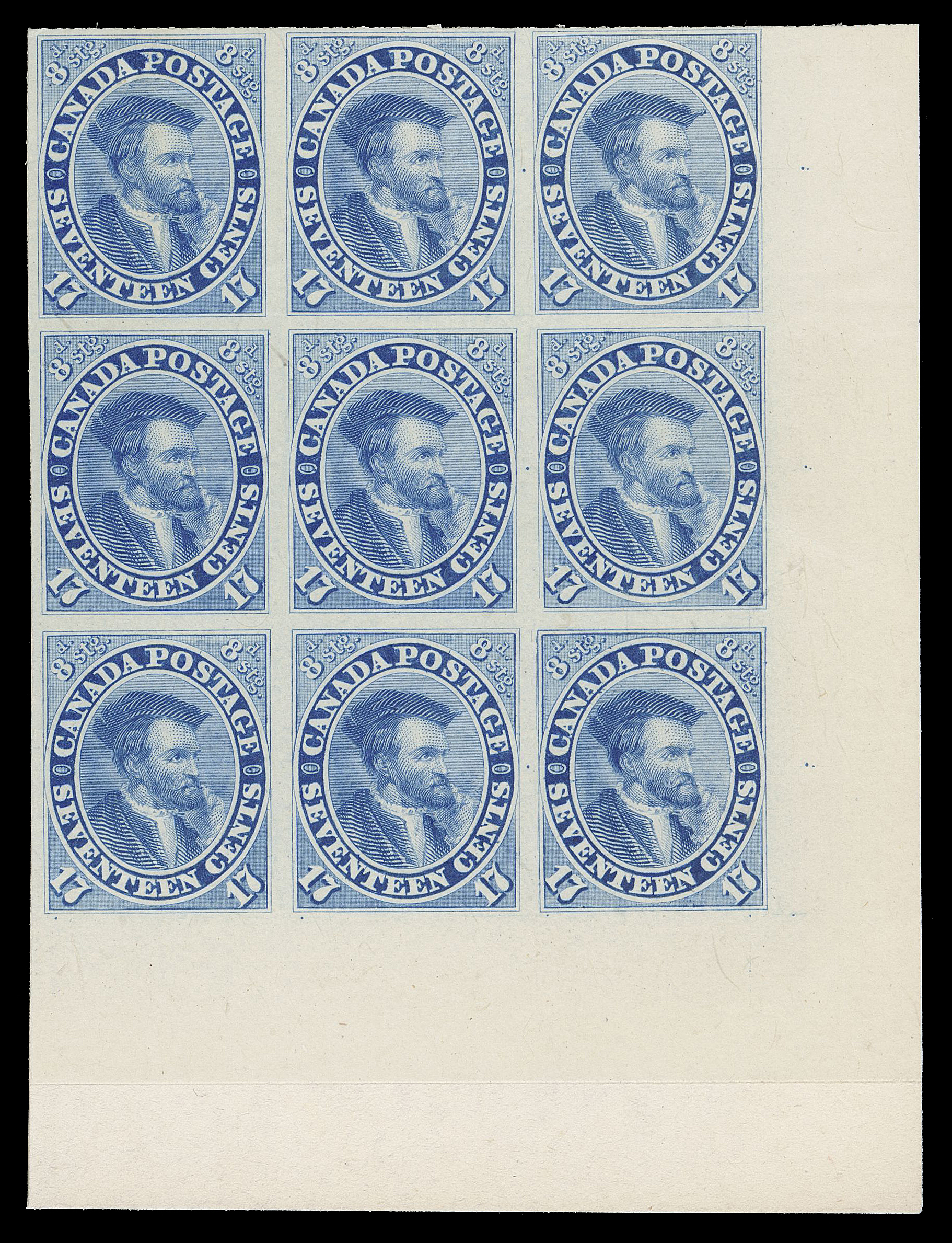 TEN PENCE AND SEVENTEEN CENTS  19TC + variety,A choice, fresh trial colour corner margin plate proof block of nine (Positions 78-80 / 98-100) in the distinctive pale blue shade on card mounted india paper, showing the Major Re-entry (Position 100) plate variety with characteristic doubling of left vertical frameline, in oval next to "AGE" and "ENTS" of "POSTAGE" and "CENTS" respectively, etc. A desirable block showing the major plate variety, VF (Unitrade cat. as normal proofs)

Provenance: The "Lindemann" Collection (private treaty, circa. 1997)

Another known Re-entry can be seen at Position 80 (upper right proof).