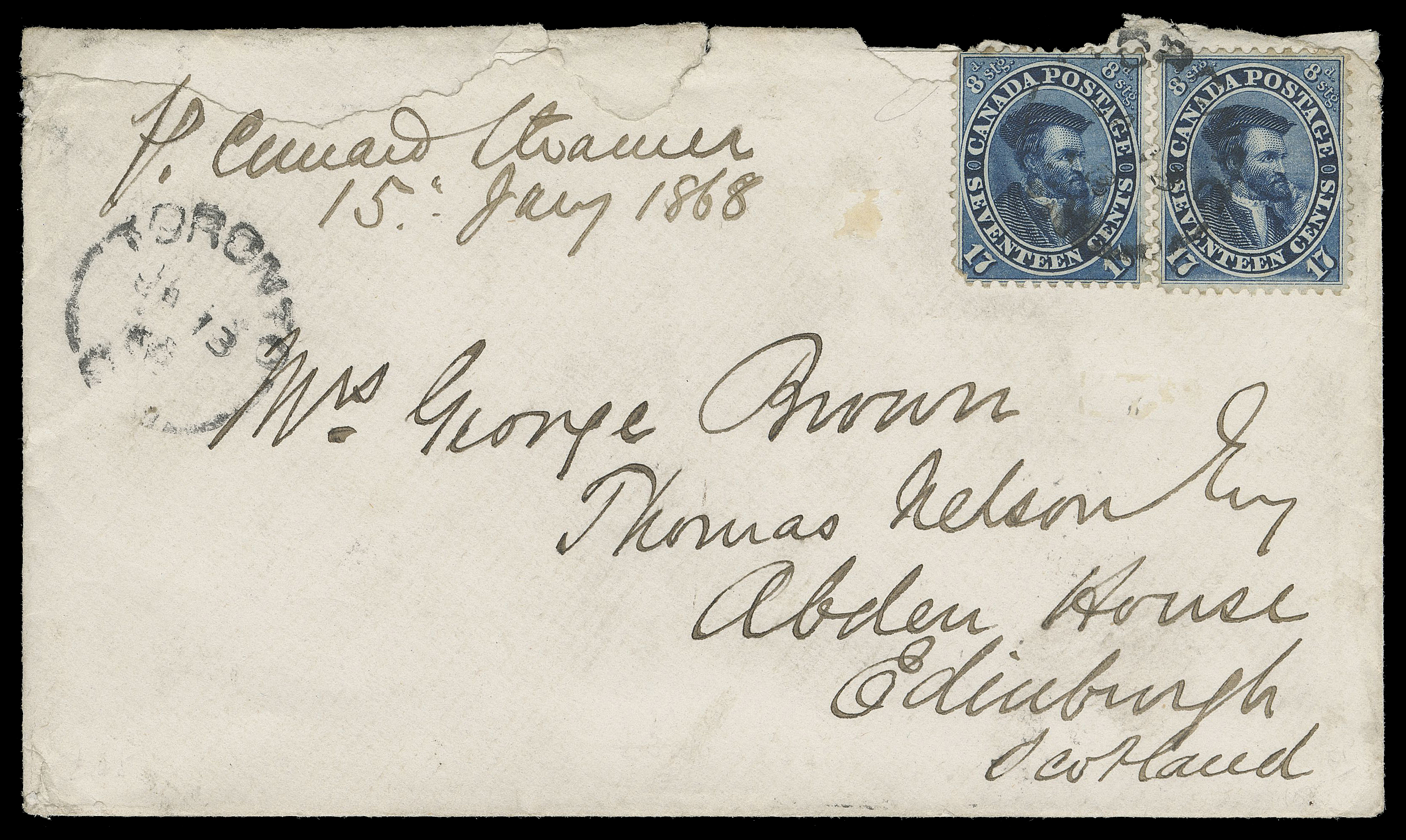 TEN PENCE AND SEVENTEEN CENTS  1868 (January 13) Cover endorsed "P. Cunard Steamer" addressed George Brown