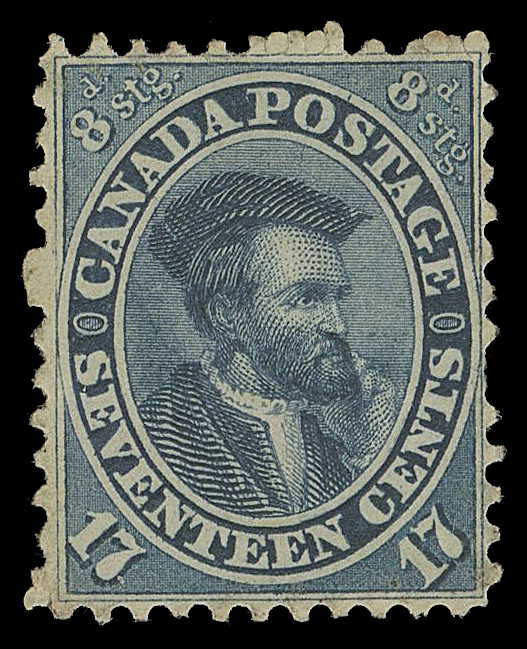 TEN PENCE AND SEVENTEEN CENTS  19a,A well centered mint example, one missing perf at right and light overall toning, in the distinctive scarcer shade and with large part OG; an elusive stamp in mint condition, VF (Unitrade cat. $5,500)

Provenance: Clayton Huff 1859 Issue Collection, Maresch Sale 207, November 1987; Lot 325