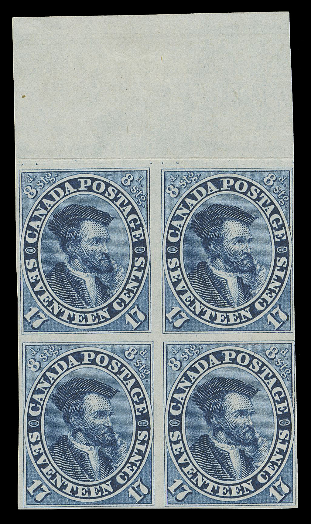 TEN PENCE AND SEVENTEEN CENTS  19b + variety,A very scarce mint imperforate block of four, close to ample margins, horizontal fold entirely confined to top margin. Shows the constant Re-entry at Position 5 - top left stamp with prominent doubling in letters and oval above "GE" of "POSTAGE", ungummed as normally encountered. A one-of-a-kind imperforate block from the sole imperforate sheet printed, Fine+ (Unitrade 19b + variety; cat. as two normal pairs)

Expertization: 1997 Greene Foundation certificate

Provenance: Fred Jarrett, Sissons Sale 169, December 1959; Lot 358
British North America Sale, Harmers of New York, February 1980; Lot 137
