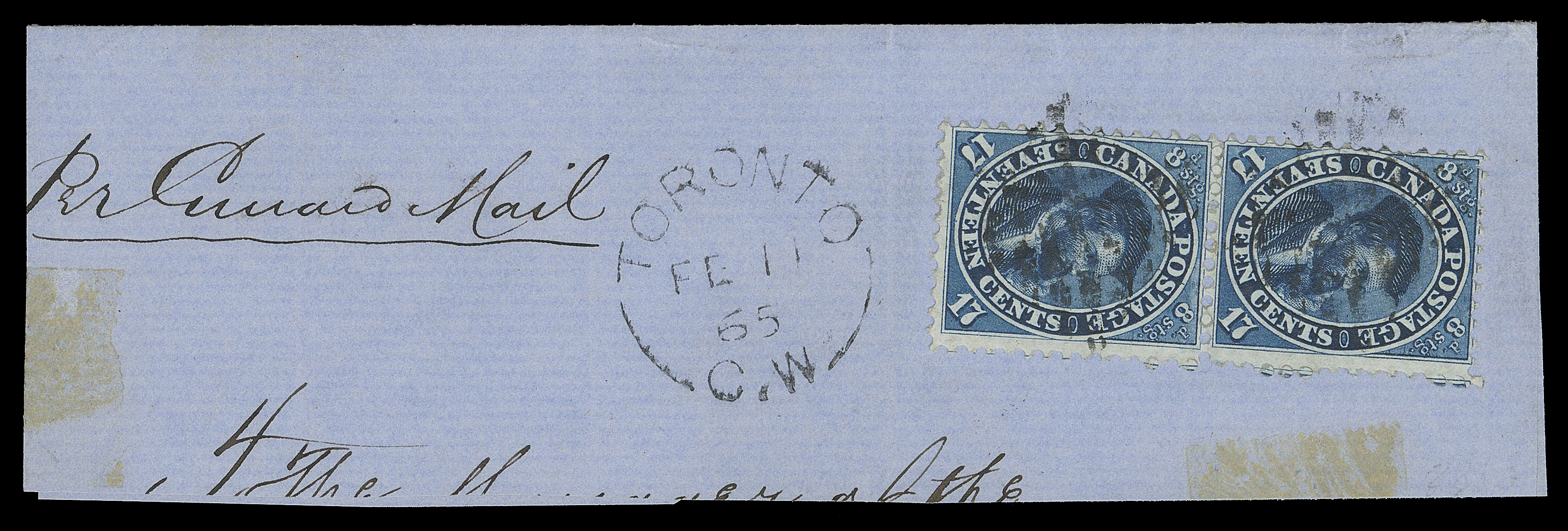 TEN PENCE AND SEVENTEEN CENTS  19i,Vertical pair with amazingly rich colour tied to cover fragment, endorsed "per Cunard Mail", tied by light diamond grid cancels, Toronto FE 11 65 split ring dispatch attractively struck at centre; the scarce Prussian blue shade from the March 1864 printing order, F-VF
