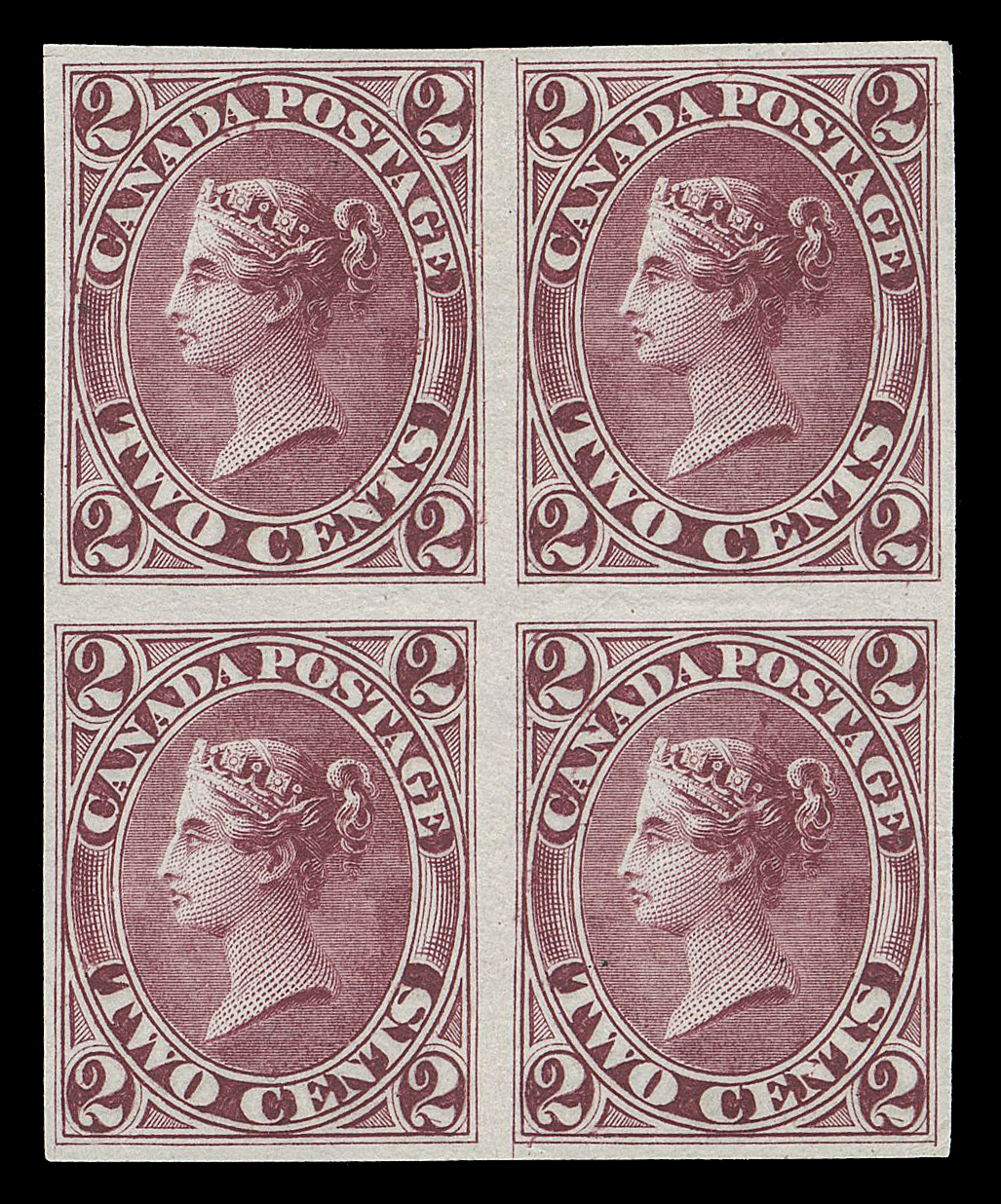 TWO CENTS  20TC + varieties,Trial colour plate proof block printed in dark rose on india paper, lower right stamp shows both a long extended vertical frameline at lower left and dash in lower right "2" variety; extended vertical frameline at UR and dash in lower right "2" varieties can also be seen on UR and LL proofs respectively, VF (Unitrade cat. as normal proofs)