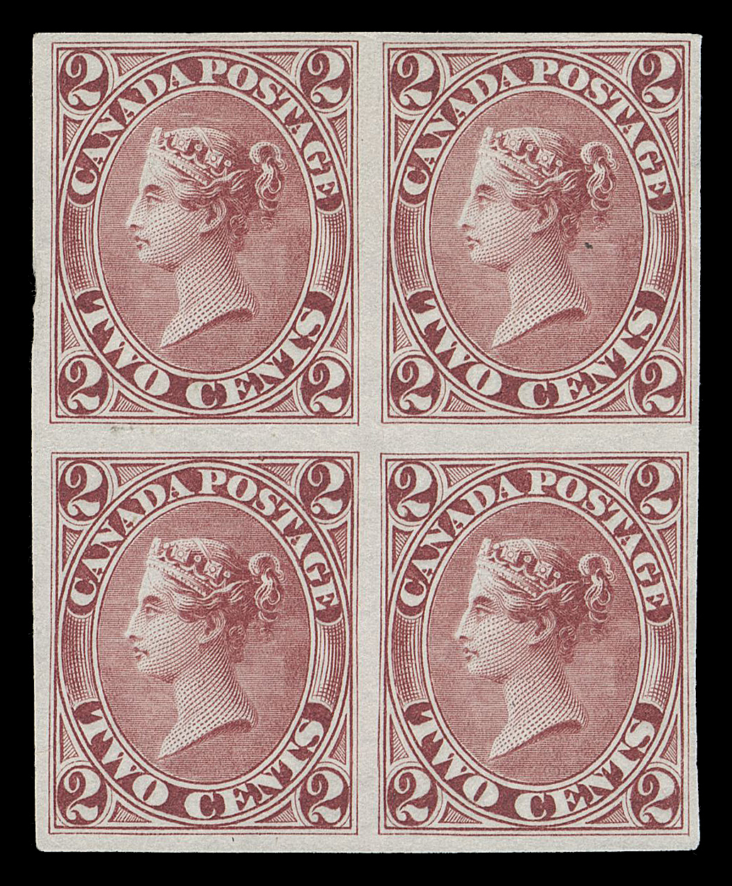 TWO CENTS  20TCi,An attractive plate proof block printed in claret, near issued colour, on india paper, VF