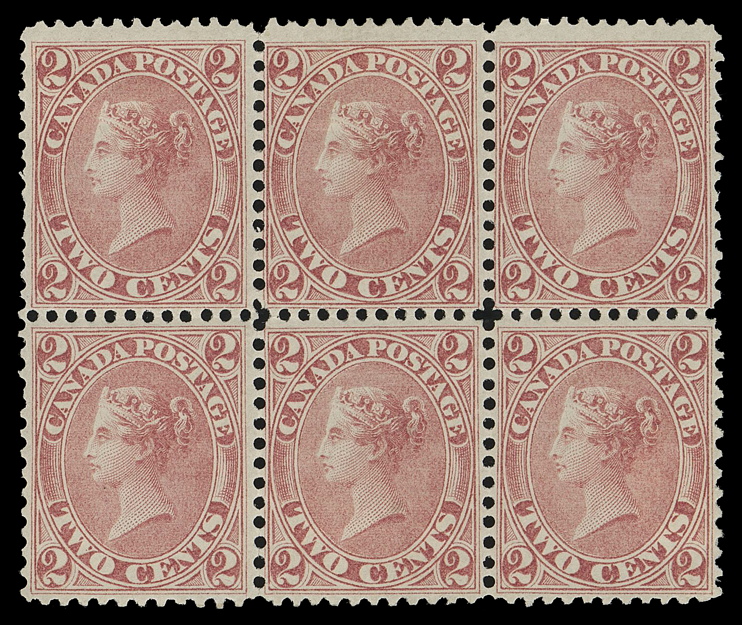 TWO CENTS  20,A superbly centered mint block of six from the First Printing  order, in remarkably choice condition with brilliant fresh colour and large part original gum, partly disturbed. One of the best  centered mint multiples that exists and also ranking among the  largest extant. A wonderful block of high caliber, VF+ OG

Provenance: Dr. Lewis L. Reford, BNA Part Two, Harmer, Rooke &  Co., October 1950; Lot 638
General Robert Gill, Robson Lowe Ltd., October 1965; Lot 117
The Ferranti British North America, Harmer, Rooke & Co., April 1968; Lot 101
British Empire sale, Robson Lowe Ltd., January 1970; Lot 62
The "Lindemann" Collection (private treaty, circa. 1997)

Diagonal line in lower right "2" variety can be seen on upper  left and right stamps.
