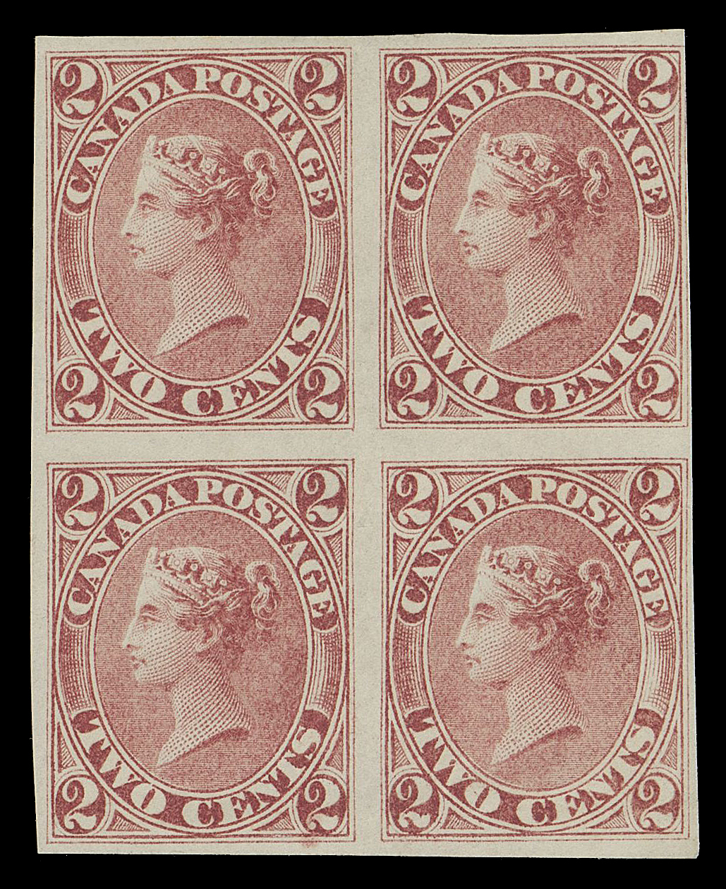 TWO CENTS  20b,A mint imperforate block in the distinctive shade on wove paper, large margins on three sides and clear to just touching at top right, ungummed as normally encountered. A very scarce imperforate block from the sole sheet printed, Fine+

Expertization: 2008 Greene Foundation certificate

Provenance: Captain Vivian Hewitt, Robson Lowe Ltd., December 1968; Lot 1050
