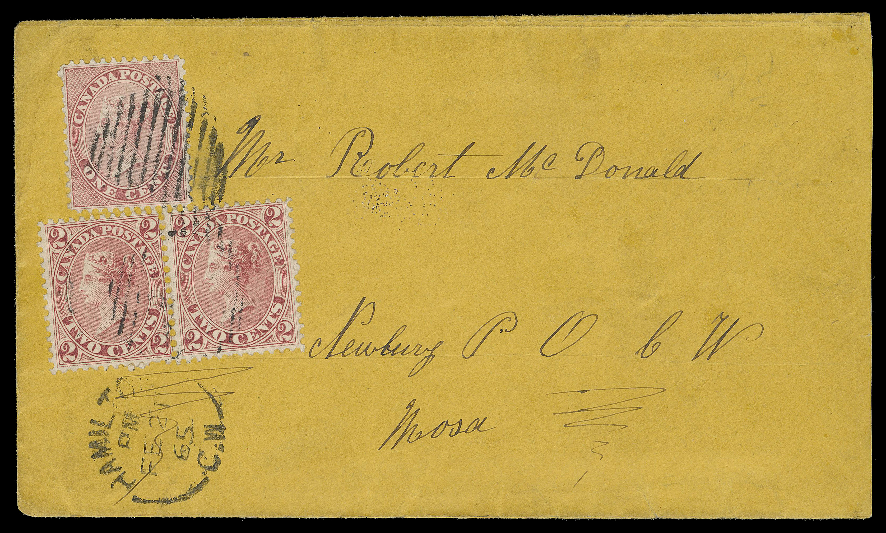 TWO CENTS  1865 (February 21) Orange cover of outstanding quality, bearing an equally superb franking of a very well centered 1c rose, perf 12x11¾ and a nicely centered pair of first printing 2c pale carmine red, perf 12x11¾, tied by Hamilton duplex, mailed to Newbury, C.W. with partial G.W.R. West FE 22 split ring RPO transit on back. Certainly among the finest existing covers bearing this elusive franking for the 5 cent domestic letter rate, XF (Unitrade 14viii, 20)

Provenance: Bill Lea Exhibit Collection of Canada Pence & Cents Postal History (private sale)
Sam Nickle, Christie