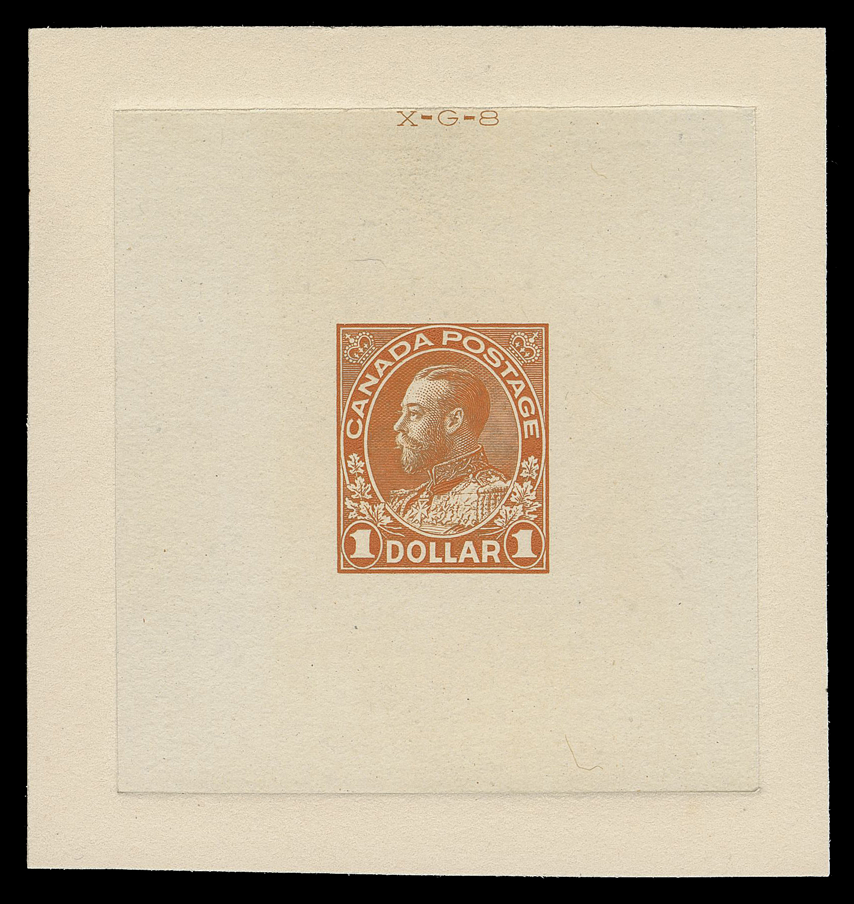 ADMIRAL PROOFS  122,Die Proof in issued colour on india paper 54 x 57mm, die sunk on slightly larger card 67 x 71mm; the hardened die showing die number "XG-8" number above design, slightly oxidized, otherwise VF and scarce (Minuse & Pratt 122P1a)