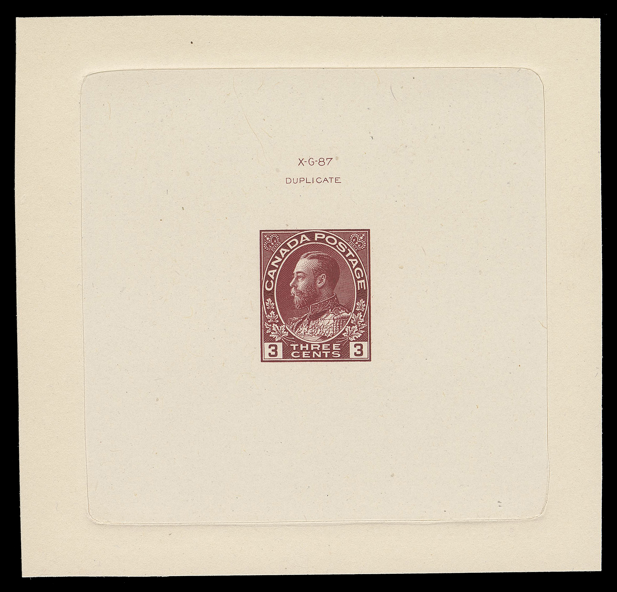 ADMIRAL PROOFS  109c,A superb Die Proof printed in dark carmine on india paper 75 x 73mm, die sunk on slightly larger card 95 x 90mm, showing die "XG-87" and "DUPLICATE" imprint above design. An under-rated and extremely rare Die Proof, absent in most collections of the past; in pristine condition, XF (Minuse & Pratt 109 C P1)

Provenance: American Bank Note Company Archives, Christie
