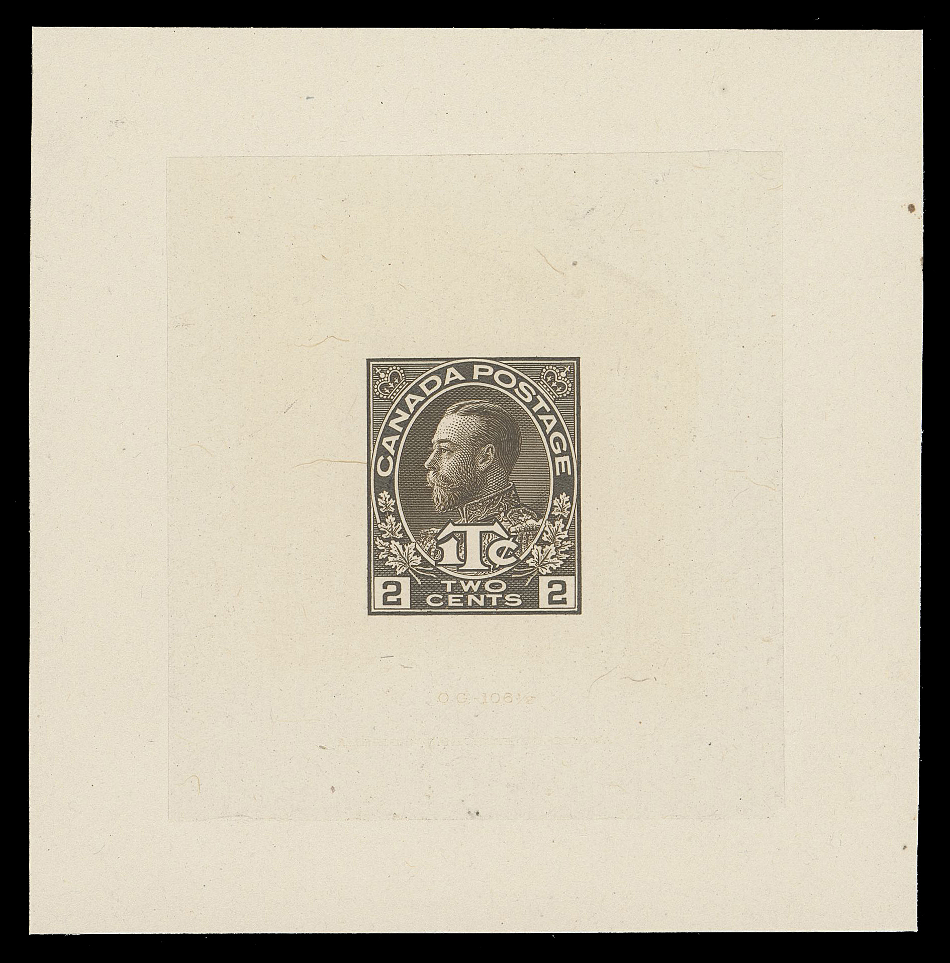 ADMIRAL PROOFS  MR4,Die Proof in the revised colour 52 x 56mm die sunk on slightly larger card 75 x 76mm; unusual albino impression of the die number "OG-106½" and American Bank Note Company Ottawa imprint (23.5mm long) visible below design. A highly select and rarely seen proof, XF (Minuse & Pratt MR4P1a)