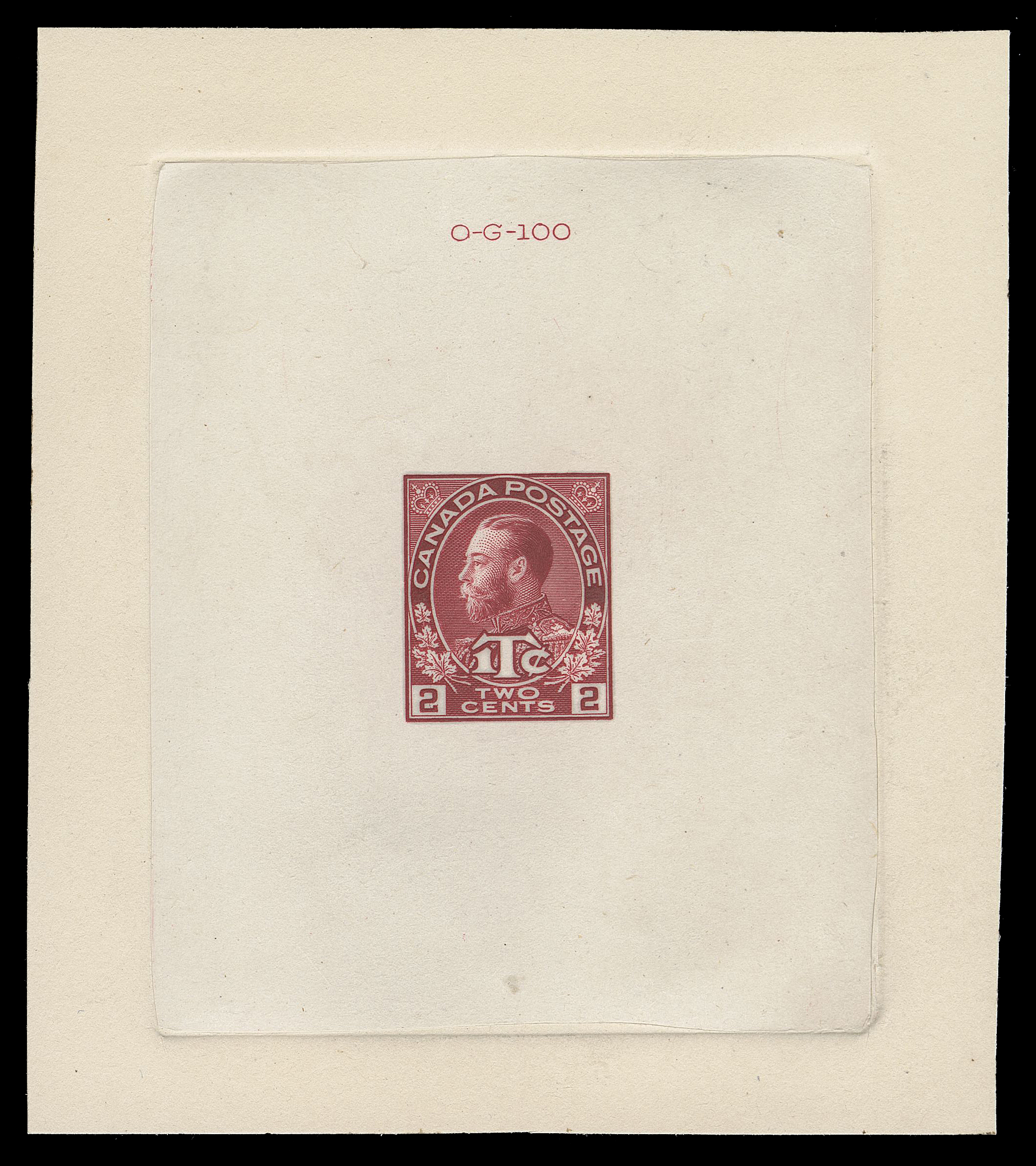 ADMIRAL PROOFS  MR3,Die Proof in the first intended colour on india paper 63 x 75mm, die sunk on slightly larger card 85 x 96mm; colour slightly oxidized, the hardened die with die number "OG-100" above design. Rare as only one die proof of the Die I was offered in the1990 ABNC sale, VF (Minuse & Pratt MR3P1a)
