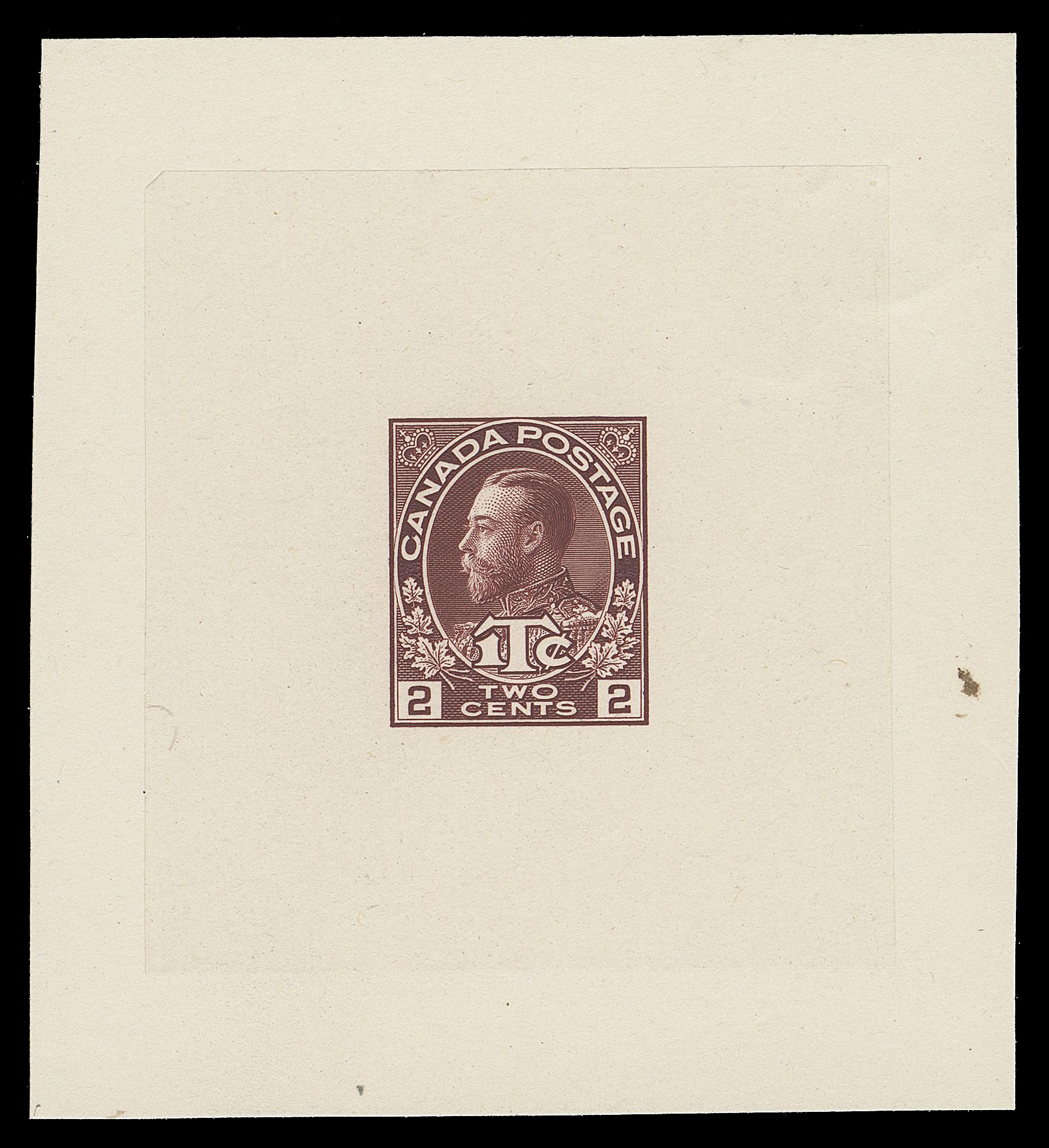 ADMIRAL PROOFS  MR3a,Die Proof printed on india paper 52 x 56mm, die sunk on slightly larger card 70 x 76mm; small stain near edge of card at right; unusual albino impression of die number "OG-106½" and American Bank Note Company Ottawa imprint (23.5mm long) below design. A rare die proof, VF (Minuse & Pratt MR4TC1a listing with normal carmine shade)