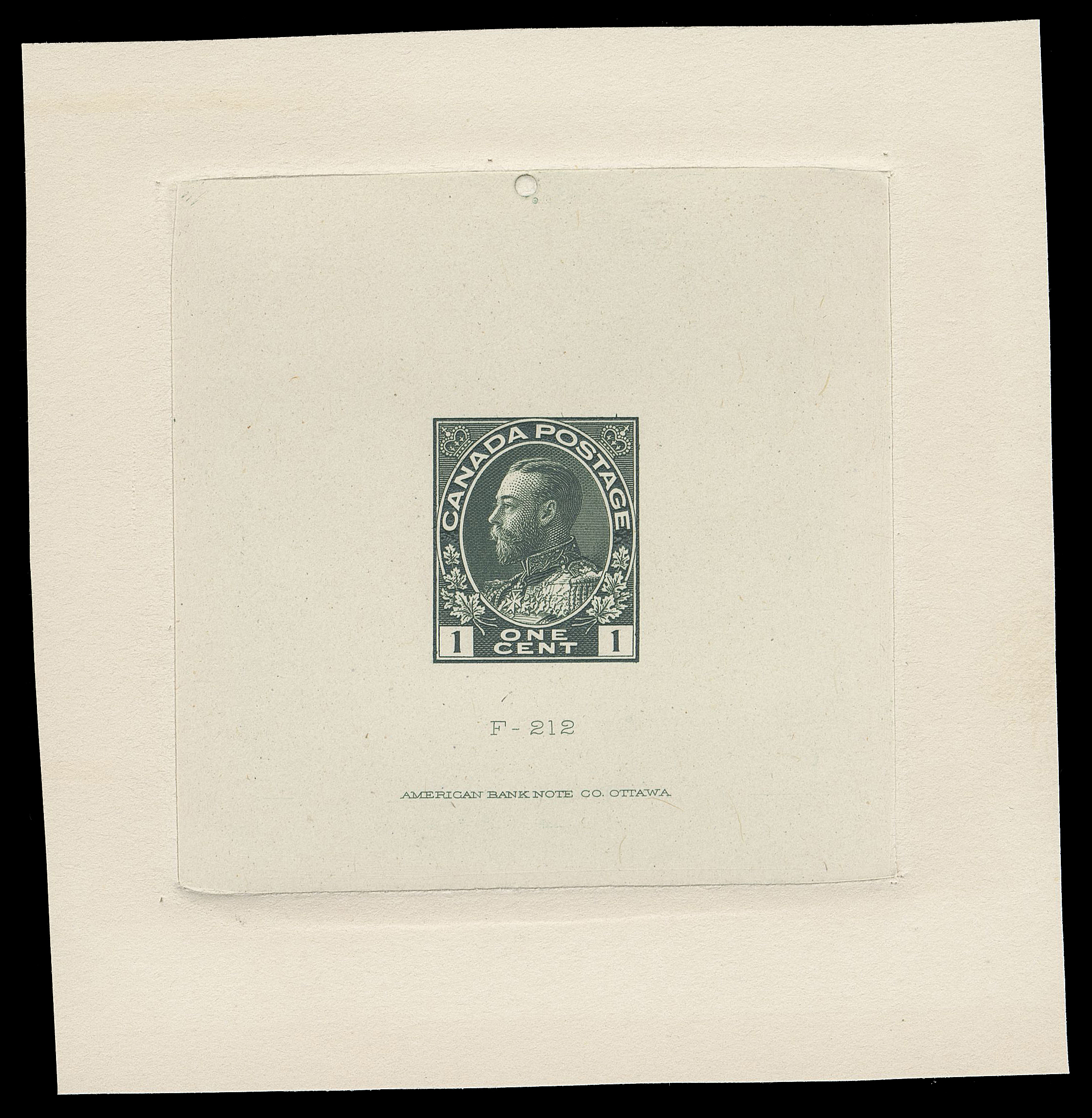 ADMIRAL PROOFS  104,A superb Die Proof printed in the first printing colour, showing characteristic strengthening of vertical frameline in upper right spandrel associated with the Retouched Die, on india paper 63 x 62mm, die sunk on slightly larger card 90 x 92mm; shows distinctive "circle" at edge of die sinkage at top (done prior to hardening of the die), die number "F-212" and ABNC imprint (23.5mm long). A remarkable die proof in immaculate condition, XF (Minuse & Pratt 104 A TC1b)