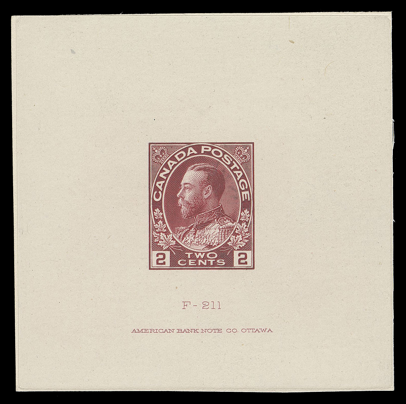 ADMIRAL PROOFS  106,Die Proof in the original issued colour on india paper 62 x 62mm, die sunk on nearly same-size card showing sinkage area on all sides; the hardened die with die number "F-211" and ABNC imprint (23.5mm long). In choice condition and very scarce, VF+ (Minuse & Pratt 106 A P1a, Original Die)