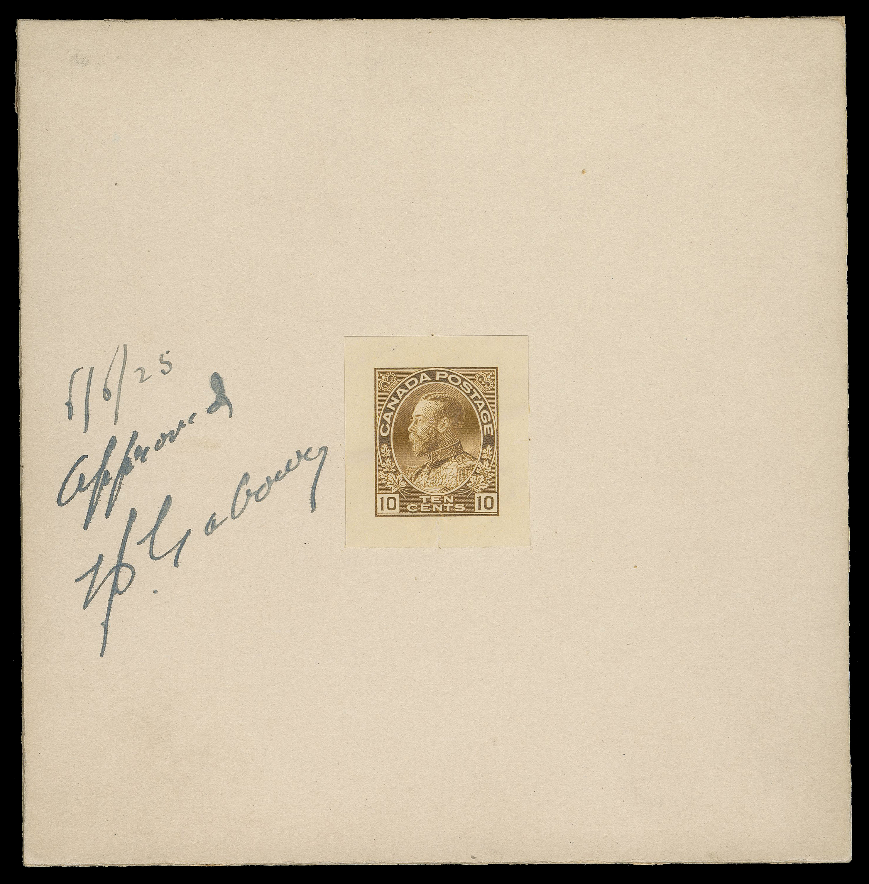 ADMIRAL PROOFS  118,An impressive Die Proof printed on wove paper with very large margins, measuring 26 x 30mm and affixed to thick archival card, endorsed in manuscript "Approved 6/6/25 L.J. Gaboury" at left and on reverse, boxed "C. B. N. Co. Ottawa JUN 3 1925 Engraving Dept." handstamp in violet and initialed in pen along with colour code "31 Brown". Very rare - only one other is believed to exist (illustrated in Marler handbook on page 383, Figure X.6), a great showpiece, VF (Minuse & Pratt 116TC1d)

Provenance: George Marler, Part 2, Maresch Sale 150, December 1982; Lot 1330
Stan Lum, Maresch Sale 497, September 2013; Lot 873

Marler mentions in his book on page 383: "Two models on heavy card of an imperforate copy of the TEN CENTS on stamp paper wide margins were submitted...". Both with similar manuscript endorsement and according to Marler, prepared in anticipation of a reduction of the international letter rate, from 10 cents to 8 cents. The then current 10c blue was to be replaced with an 8c stamp in blue; hence the need of a different colour for the 10 cent stamp.