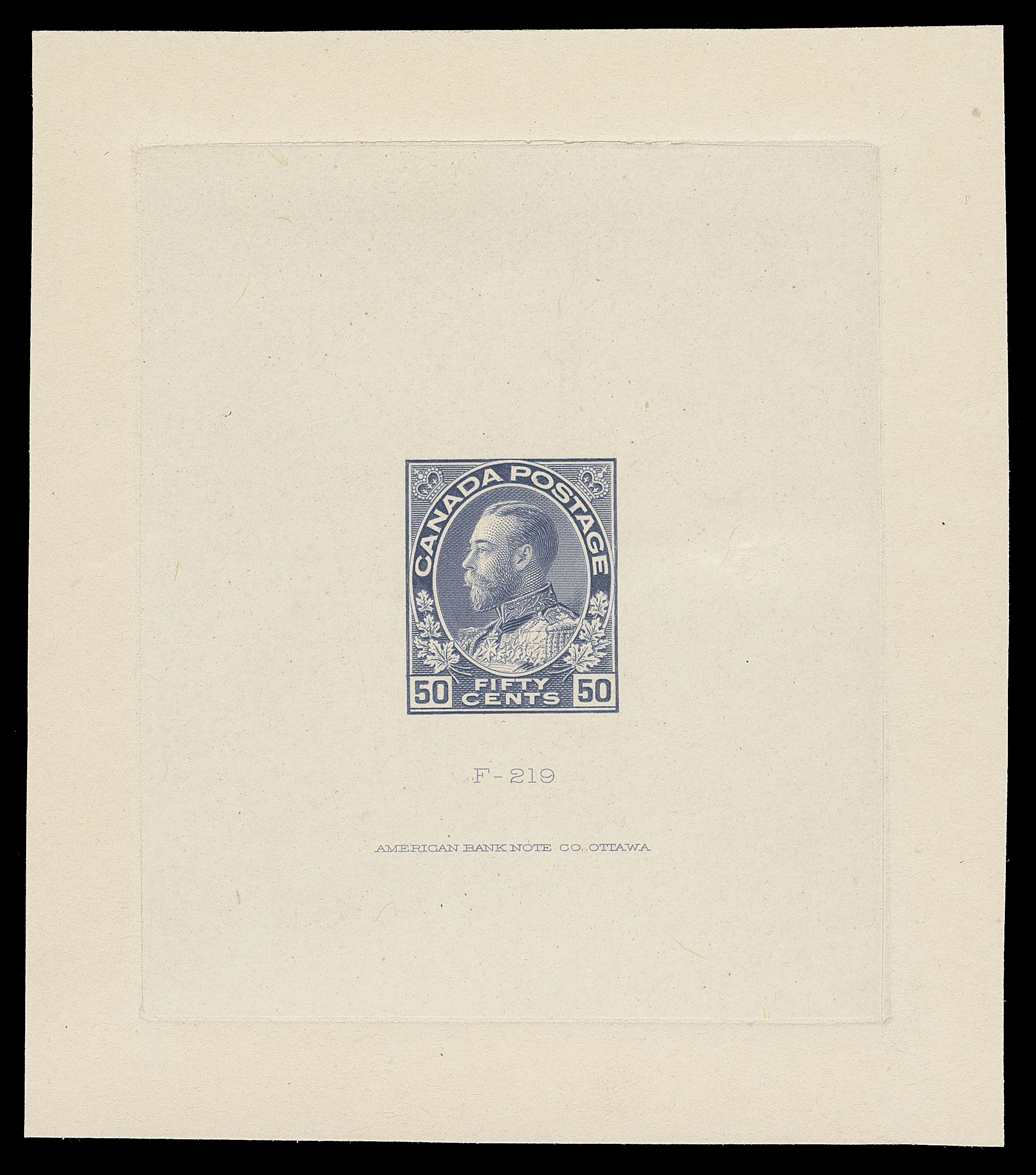 ADMIRAL PROOFS  120,A remarkable Trial Colour Die Proof, printed in an unissued greyish blue shade on india paper 63 x 75mm, die sunk on larger card 83 x 94mm, slight abrasion in no way detracting from its beautiful appearance. The hardened die with die number "F-219" and ABNC imprint (23.5mm wide). A visually striking coloured proof believed to be one of only four known to exist (all from the 1990 ABNC sale), VF (Minuse & Pratt 120 A TC1 unlisted in this colour)