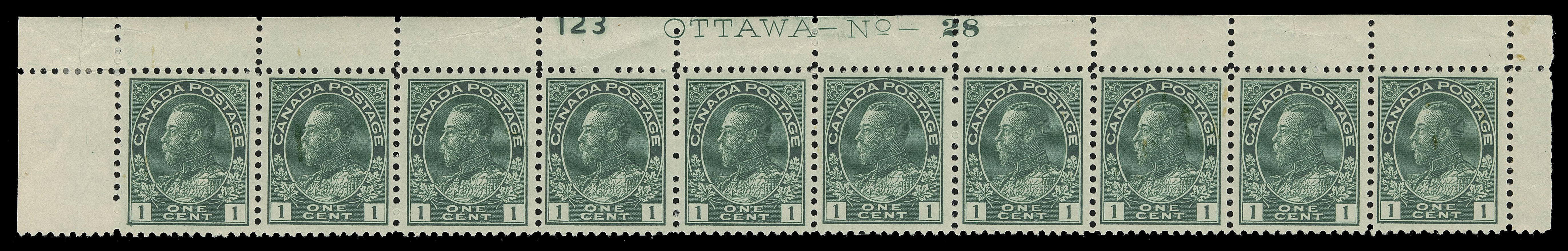 ADMIRAL STAMPS  104b,Upper left Plate 28 strip of ten with printing order number "123", lovely deep rich colour, unusually well centered, five stamps are NH, VF LH (Unitrade cat. $1,200)