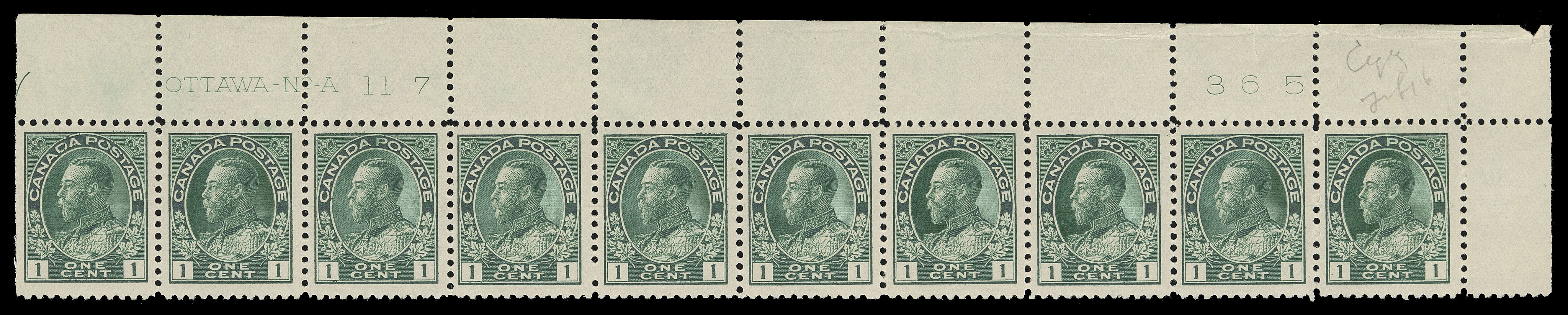 ADMIRAL STAMPS  104,Three strips of ten with consecutive plate numbers - UR Plate 117, UL Plate 118 and UR Plate 119, two are quite well centered, latter with printing order "365" punched out, a few split perfs strengthened by paper hinge, all stamps are NH, pencilled "Feb 16" or "Mch 
