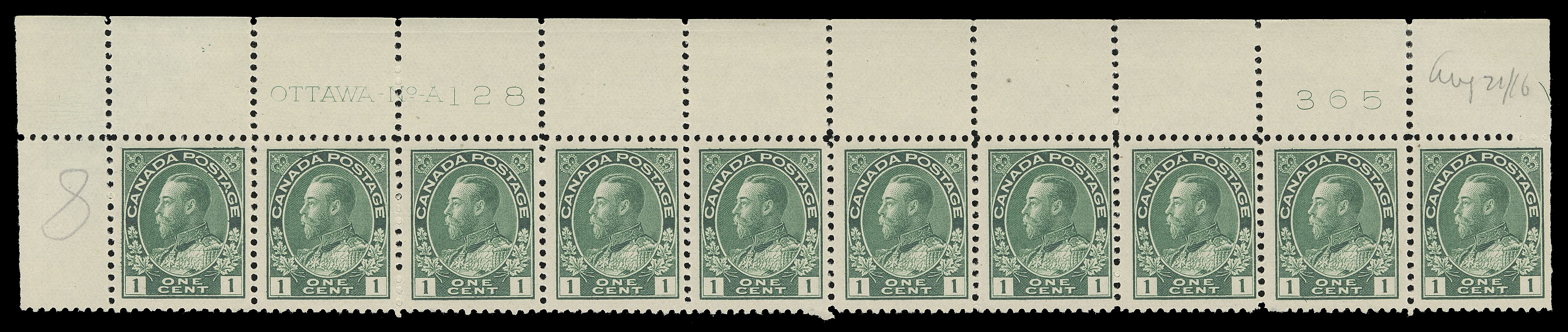 ADMIRAL STAMPS  104e,Four fresh mint strips of ten with consecutive plate numbers - UL Plate 127, UL Plate 128, UR Plate 129, UL Plate 130; reasonably to well centered. All hinged in selvedge only leaving all stamps NH, F-VF (Unitrade cat. $3,800)