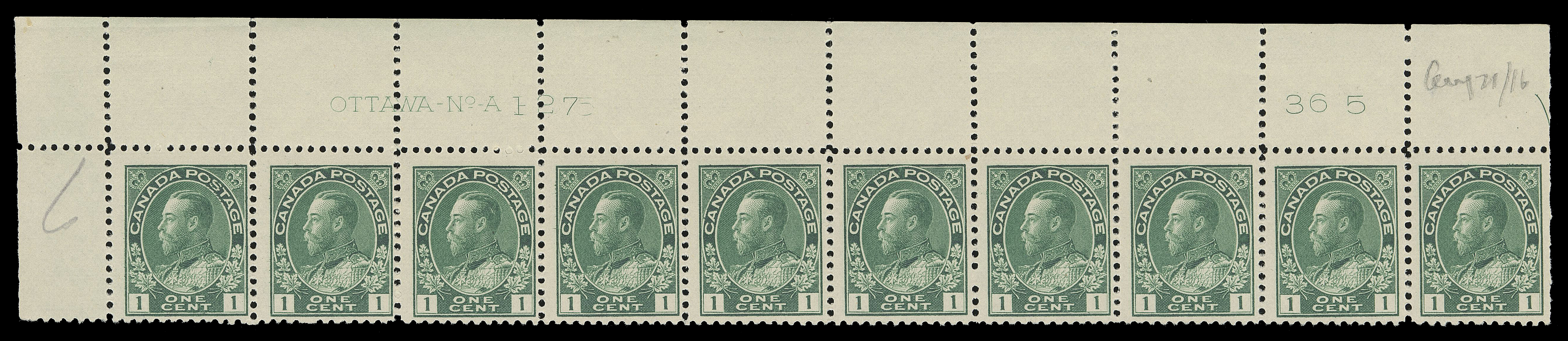 ADMIRAL STAMPS  104e,Four fresh mint strips of ten with consecutive plate numbers - UL Plate 127, UL Plate 128, UR Plate 129, UL Plate 130; reasonably to well centered. All hinged in selvedge only leaving all stamps NH, F-VF (Unitrade cat. $3,800)