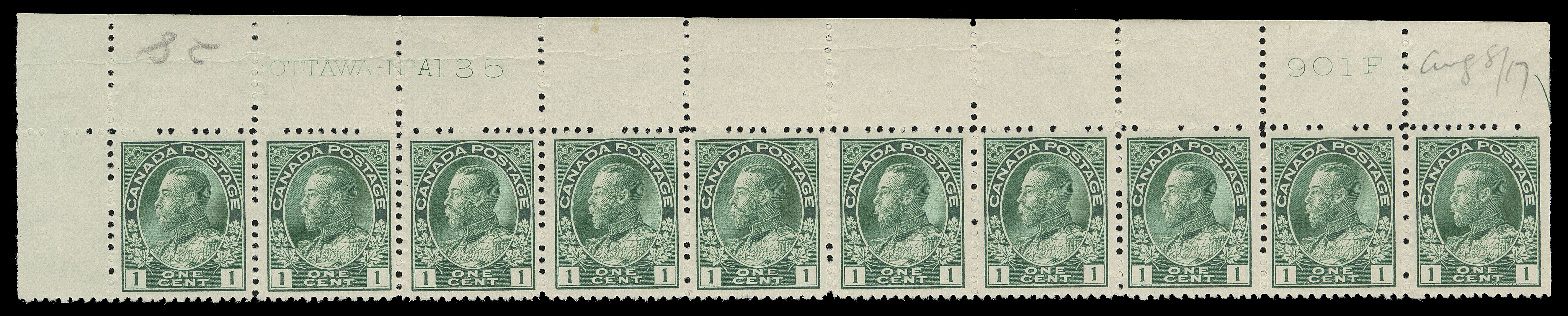 ADMIRAL STAMPS  104e,A brilliant fresh, well centered UL Plate 135 strip of ten, LH in selvedge only, stamps NH; pencil "Aug 8 / 17" date of acquisition, VF (Unitrade cat. $1,200)