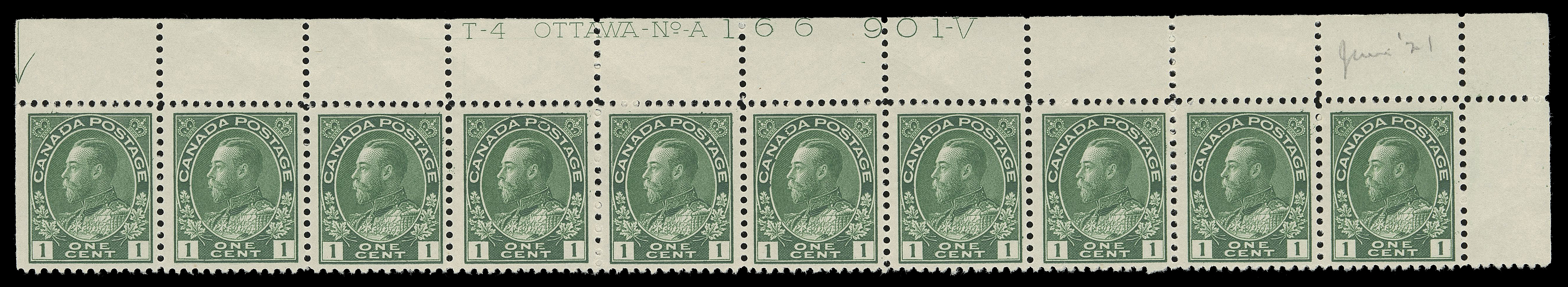 ADMIRAL STAMPS  104ii,Matching UR Plate 165 & 166 strips of ten with printing order number "901-V", distinctive rich shade on fresh wove paper, reasonably to well centered, both LH in selvedge leaving stamps NH; the sole recorded plate multiples recorded for these plate numbers per the Glen Lundeen census on the BNAPS website, F-VF (Unitrade cat. $1,900)