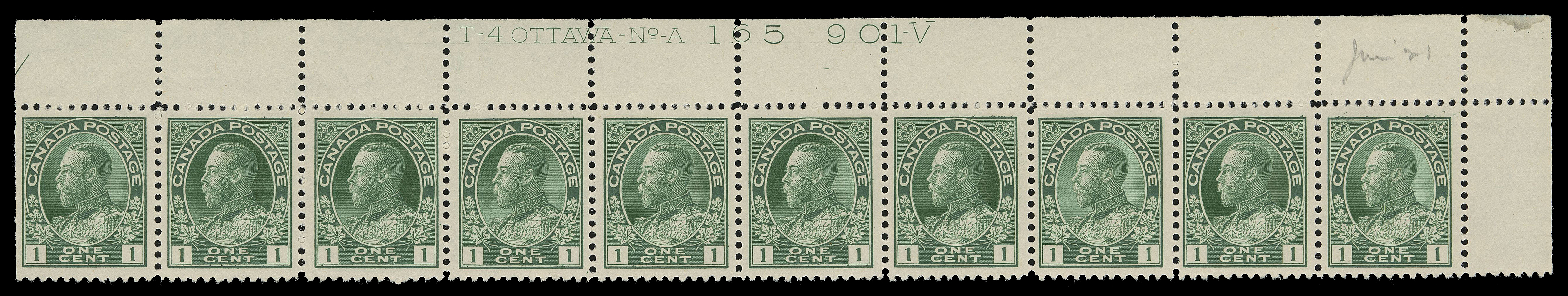 ADMIRAL STAMPS  104ii,Matching UR Plate 165 & 166 strips of ten with printing order number "901-V", distinctive rich shade on fresh wove paper, reasonably to well centered, both LH in selvedge leaving stamps NH; the sole recorded plate multiples recorded for these plate numbers per the Glen Lundeen census on the BNAPS website, F-VF (Unitrade cat. $1,900)