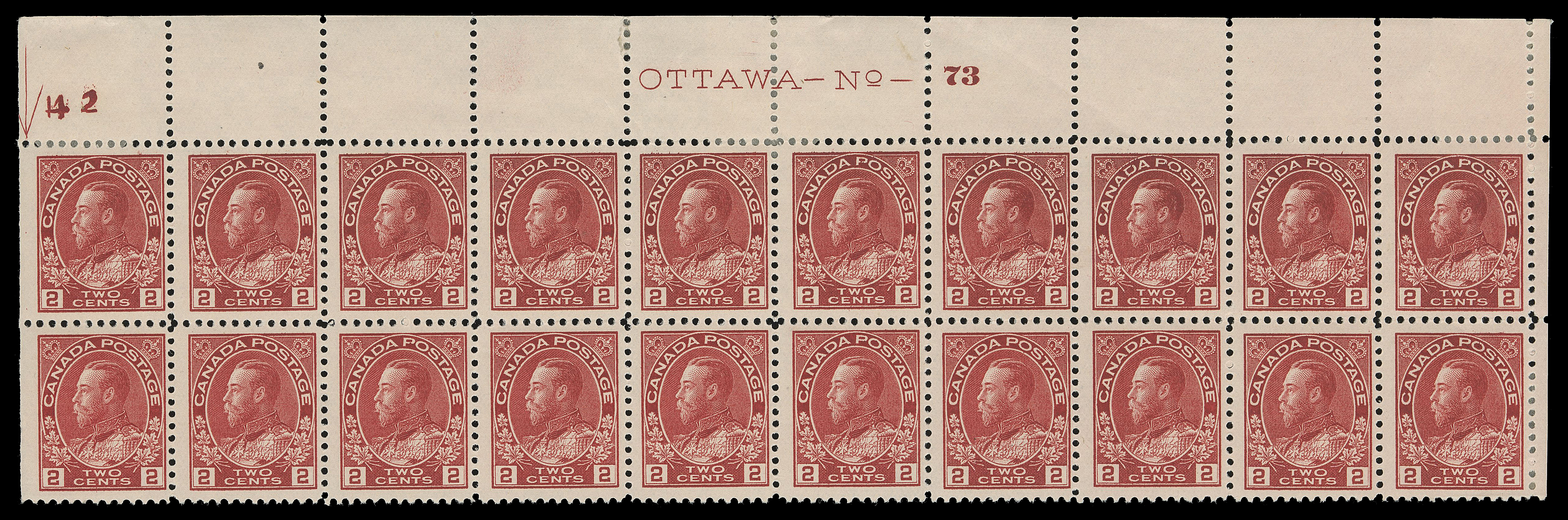 ADMIRAL STAMPS  106,Matching upper right Plates 73 & 74 strips of twenty with printing order number "242" at left, hinged on two and five stamps respectively, both strips quite well centered with great colour, F-VF (Unitrade cat. $2,410)