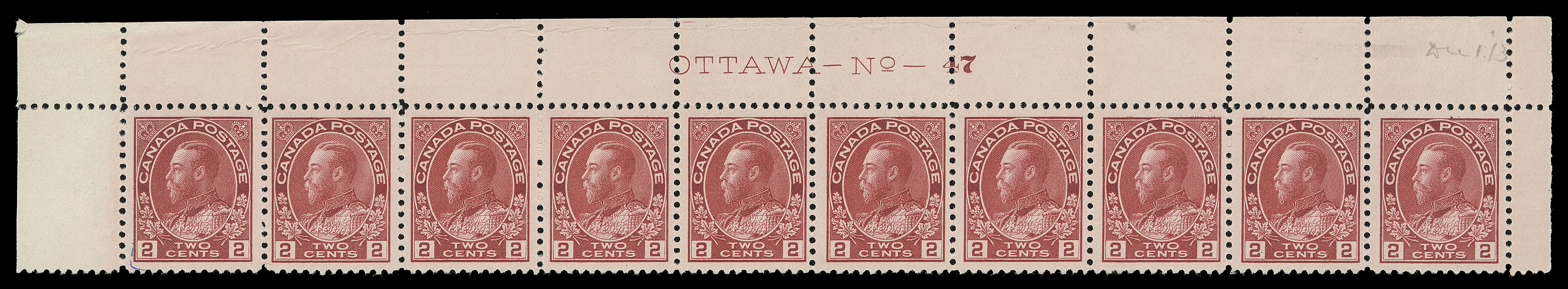 ADMIRAL STAMPS  106ii,A remarkable upper left Plate 47 strip of ten with amazing, brilliant fresh colour, well centered, LH in selvedge, stamps with pristine NH original gum; pencil "Dec 1 