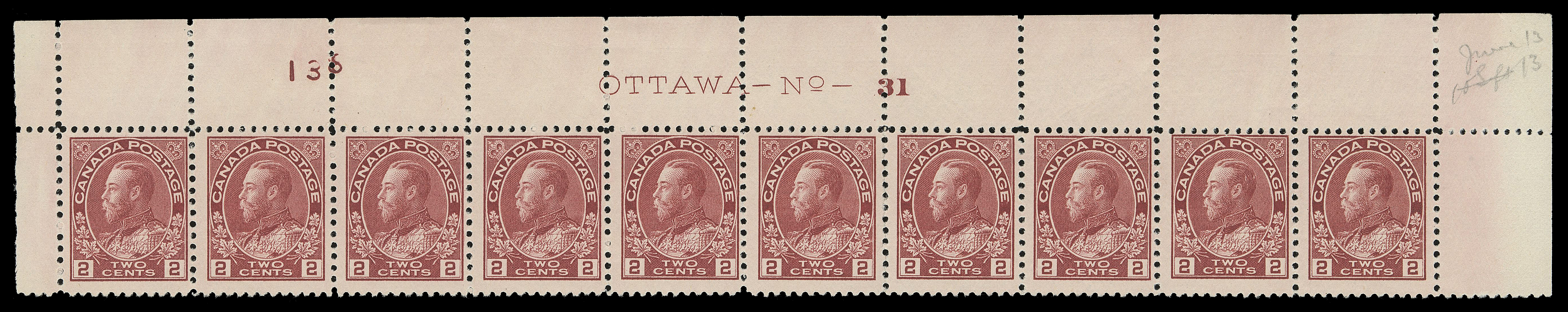 ADMIRAL STAMPS  106ii,Two plate strips of ten - UL Plate 30 and UR Plate 31, both with printing order number "138", LH in selvedge leaving all stamps NH, F-VF (Unitrade cat. $1,050)