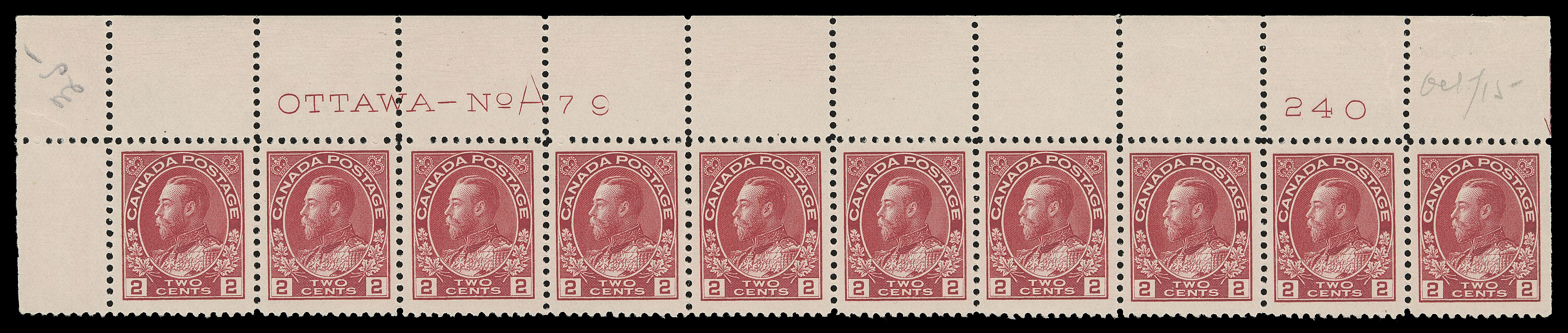 ADMIRAL STAMPS  106,A superbly centered upper left Plate 79 strip of ten, unusually large margined with bright colour, LH in selvedge only, stamps VF+ NH (Unitrade cat. $1,200+)