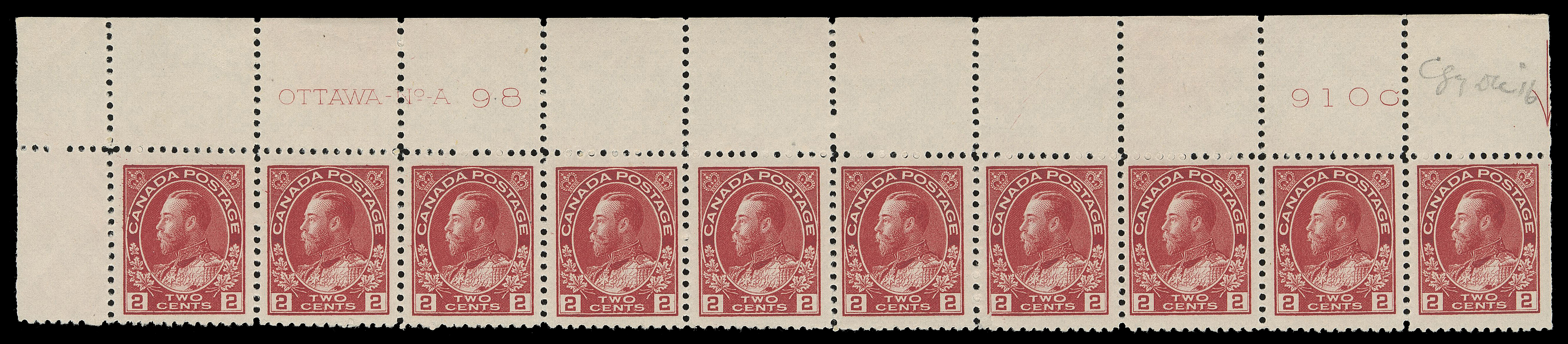ADMIRAL STAMPS  106,A trio of well centered plate strips of ten with consecutive numbers: LL Plate 96 with  five NH, UL Plate 97 and UL Plate 98 both LH in selvedge only leaving stamps NH; each with penciled date of acquisition, VF (Unitrade cat. $3,200) 