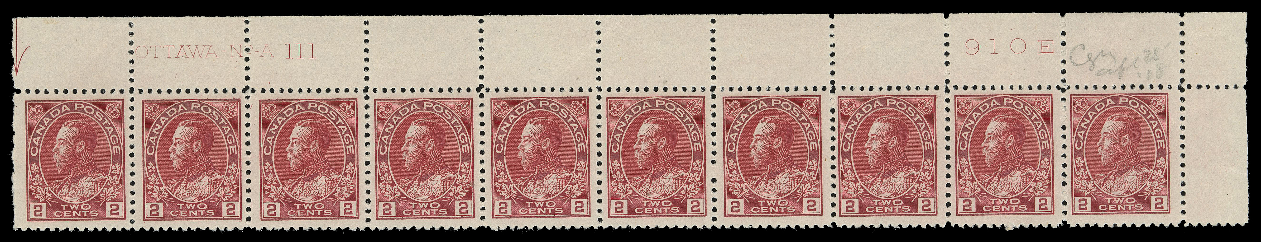 ADMIRAL STAMPS  106,A quartet of plate strips of ten with consecutive numbers – UR Plate 108, UL Plate 109, UR Plate 110 and UR Plate 111. Quite well centered with rich colour, last strip has natural gum crease on right pair, each with pencil date of acquisition, VF. (Unitrade cat. $4,800)
